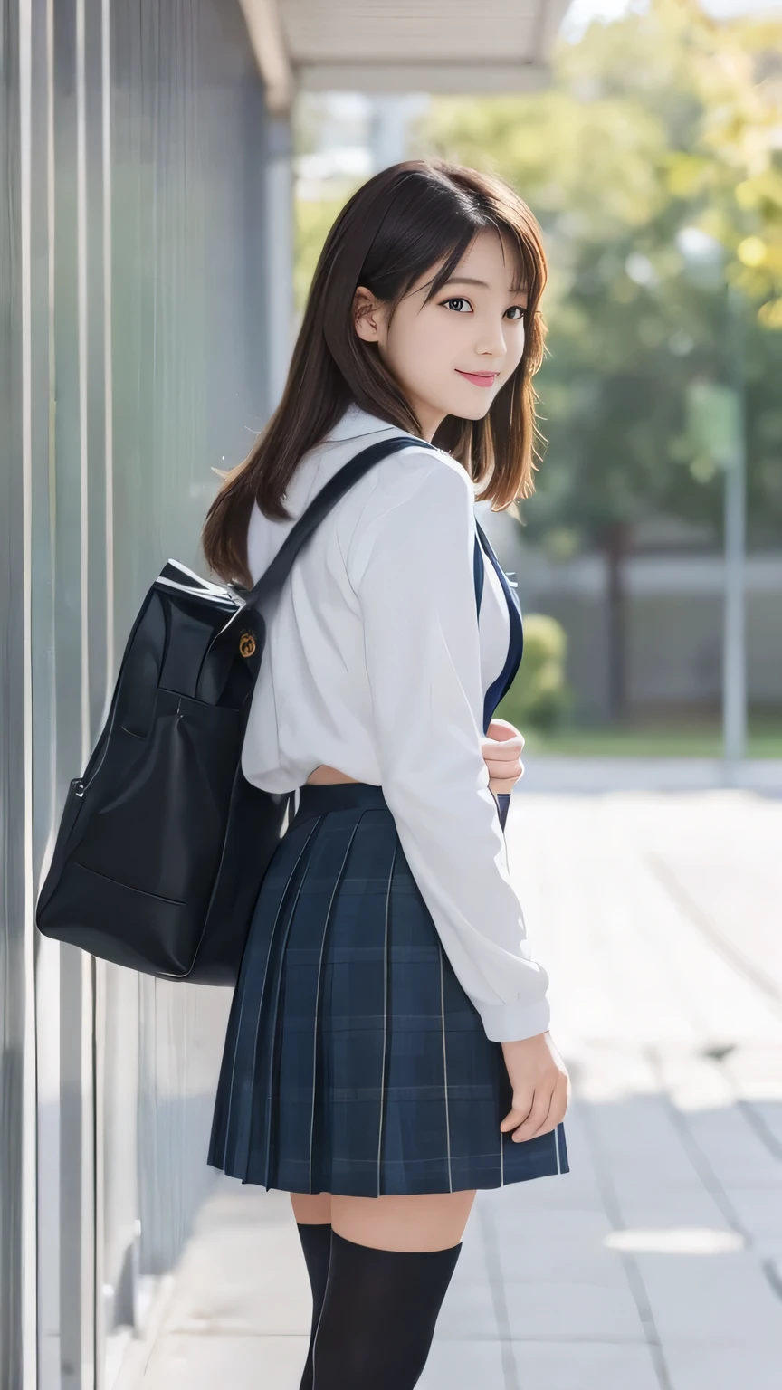 Super quality、8k、Pieces fly、(RAW Photos:1.4)、High resolution、((Composition away from the subject))、((Full body photo from face to ankles))、((Perfect Anatomy))、1 female 、Detailed skin、Glowing Skin、Baby Face、doid、eyes with long eyelashes、Small face、smile、Open your mouth、Clean hairstyles、Staring out the window in the school hallway、Stretch your back、The windows provide natural light、Realistic school scenery、middle School girl、Blchool bag slung over shoulder、、Slender and delicate body、Small breasts、A blazer uniform with green lines、girl 、Checked skirt、healthy、young woman、black tights、black tights、Black knee-high socks、Brown loafers、loafers、Full Body Shot、Clean hairstyles、Accentuates the lines of very slim legs