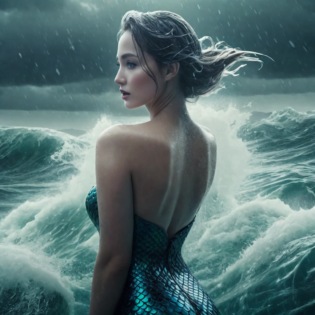best quality,4k,8k,highres,masterpiece:1.2,ultra-detailed,photorealistic,advertising poster,mermaid,storm,monochromatic,harrowing,contrasting colors,dynamic lighting,water reflections,striking composition,dramatic atmosphere,mysterious concept