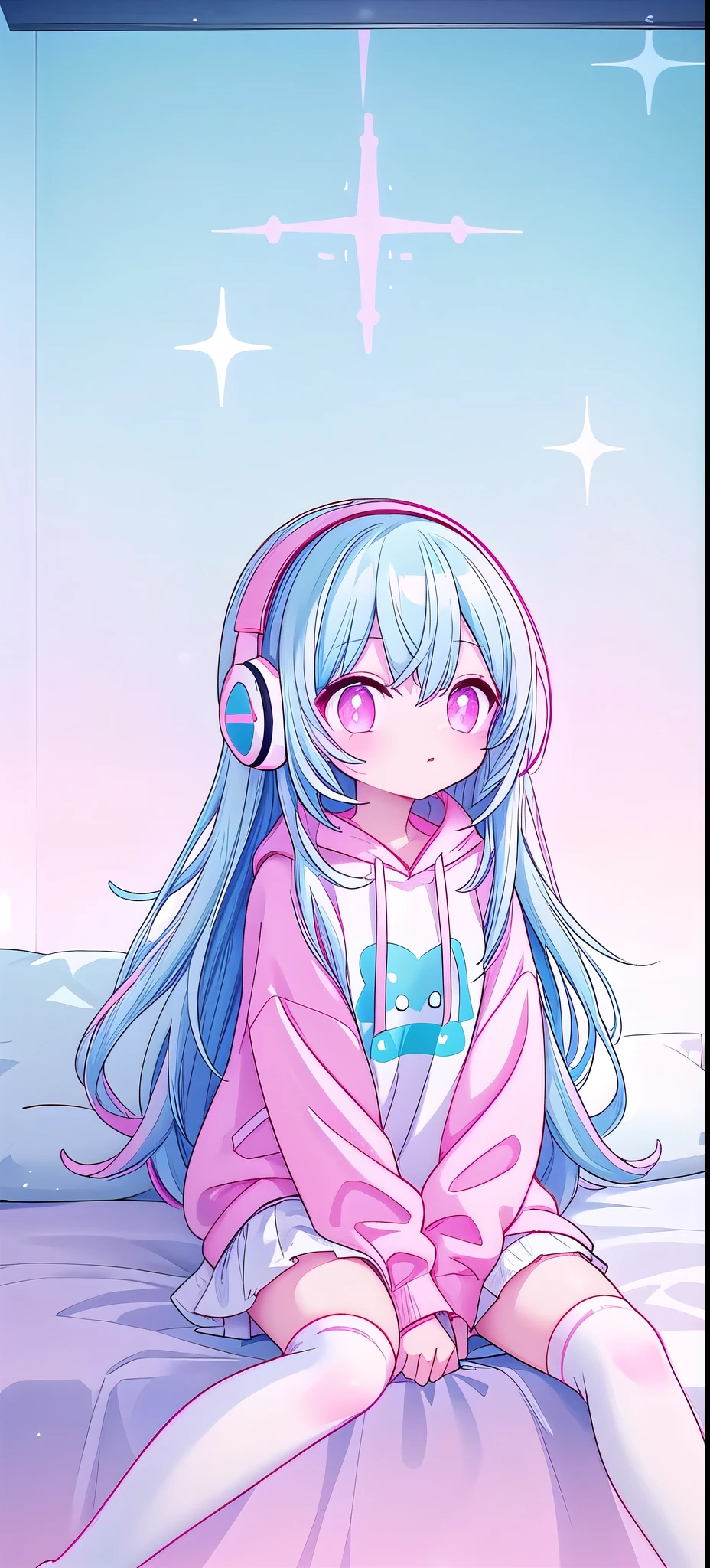 ,White knee socks,Long light blue hair,Pink and white sweatshirt,Pink Eyes,blue headphones