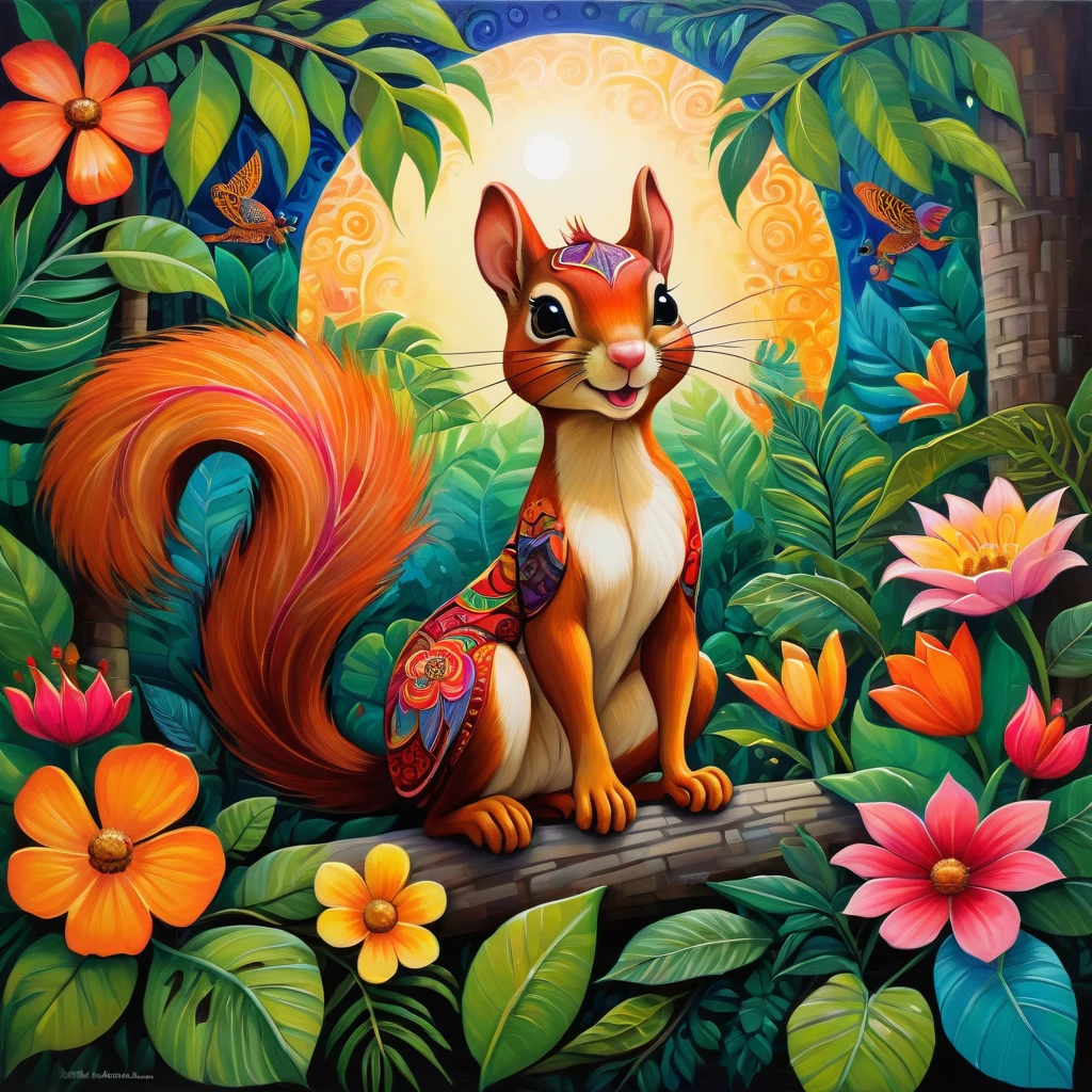 Create a naive art painting inspired by the vibrant and whimsical styles of Halyna Kulaga and Laurel Burch. Depict a beautiful squirrel girl amidst a lush jungle, surrounded by rich tropical foliage. Use bold, expressive strokes and textural elements to bring the scene to life.
Imagine the squirrel girl with a playful expression, her fur adorned with intricate patterns and vibrant colors. She is nestled among the dense greenery, with large, exotic leaves and colorful flowers framing her figure.
In the background, paint a radiant, colorful moon that casts a magical glow over the entire scene. The moon's hues blend harmoniously with the vivid colors of the jungle, creating a dreamlike atmosphere.
Add a whimsical spider weaving an intricate web nearby, its body adorned with bright, decorative patterns. The spider adds an element of intrigue and wonder to the scene, blending seamlessly with the playful and fantastical theme.
Incorporate elements of whimsy and fantasy, with bold and saturated colors, and let the painting radiate joy and enchantment. Use thick, textured brushstrokes to add depth and dimension, making the foliage, the squirrel girl's fur, and the spider's web stand out.