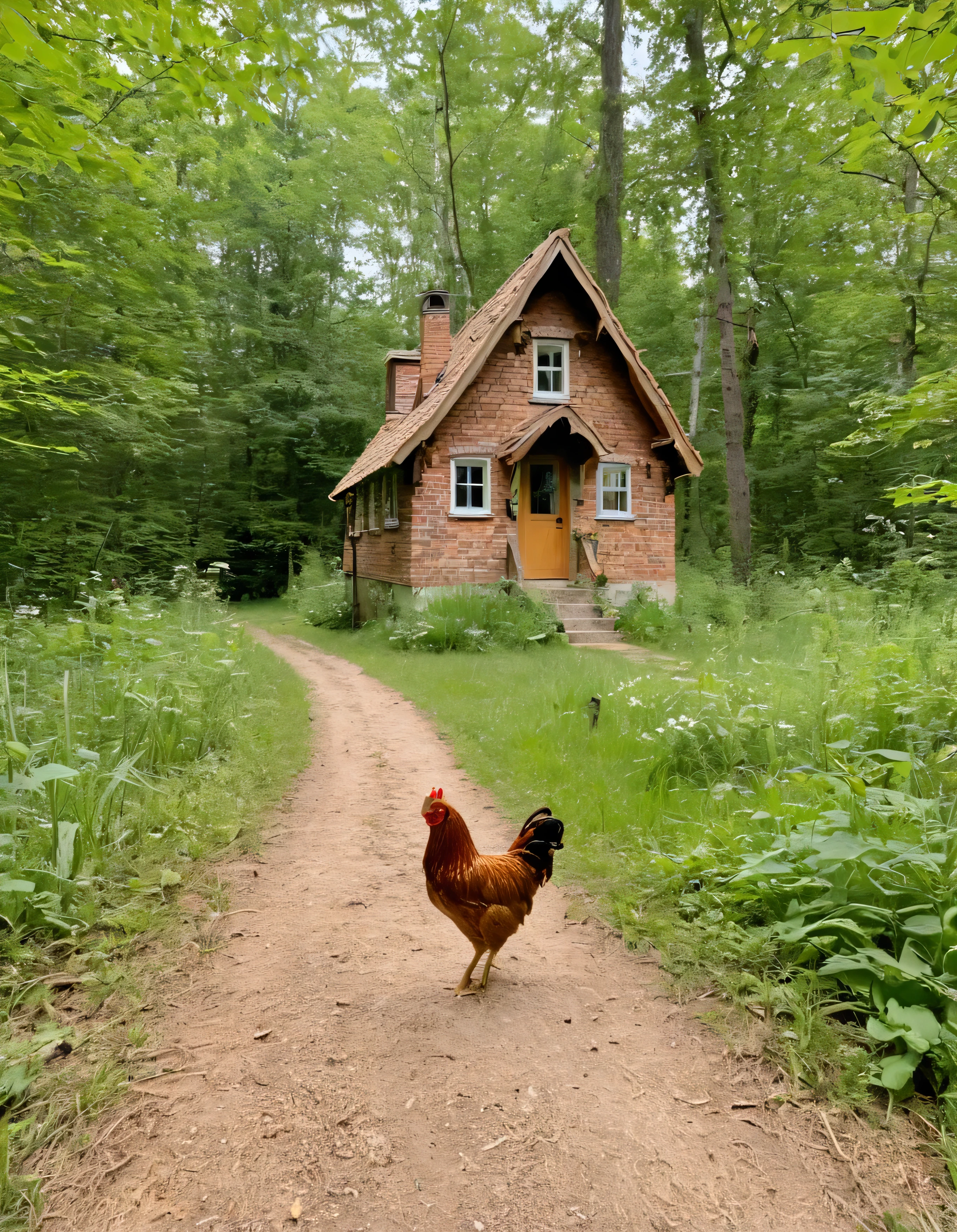 there is a chicken walking in front of a house in the woods, cottagecore!!, cottagecore, cottage in the woods, beautiful house on a forest path, cottage in the forest, idyllic cottage, solitary cottage in the woods, wooden cottage, witch cottage in the forest, cottagecore hippie, a brick cabin in the woods