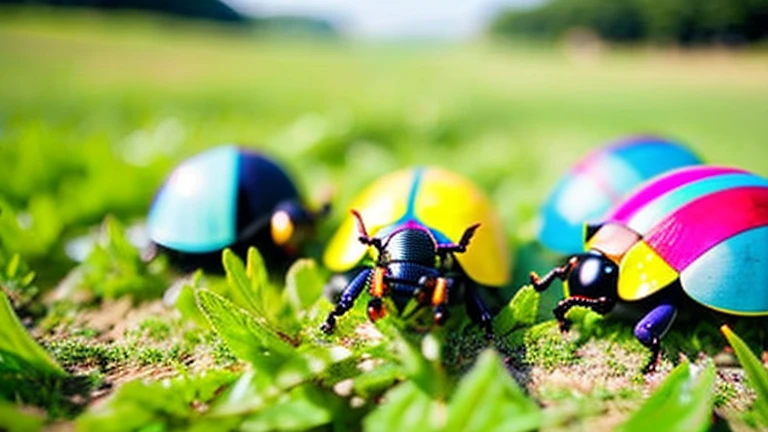 Children playing with beautiful beetles in the grassland、Children playing with beautiful beetles in the grassland、Colorful Mushiking