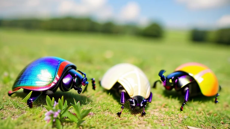 Children playing with beautiful beetles in the grassland、Children playing with beautiful beetles in the grassland、Colorful Mushiking