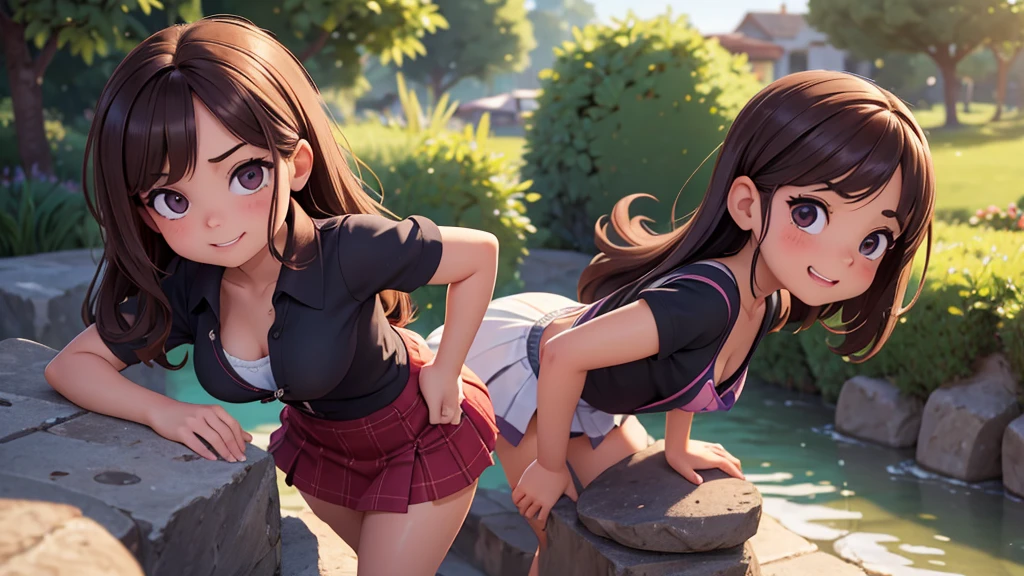 Ultra realistic , 2 girl, obra maestra, mejor calidad, alta calidad, defined, detailed, HD, (piel morena), ojos definidos, ojos cafes intensos, long eyelashes, small mouth, sonrisa, very long hair, pelo liso, pelo oscuro, cuerpo reducido, bosom barely contained, big breasts, sexy, posando foto, sin sostenes, no bra, excitada, pezones erectos, nice view, full body, nice body, nice hands, nice fingers, perfect fingers, nice legs, abierto, mojada, sudada, caliente, tight, sonrojada, no socks, peinada hacia atras, pose lasciva, petites, ((no skirts)), ((lil sister)), hot big sister, barely covering, lean, unaware, heat, finishing, fuckeable, touching, water, camera from above, looking up sis, from back, backwards, behind, (close up), (((gamer girl))), singing, microphone, party friends, xxx