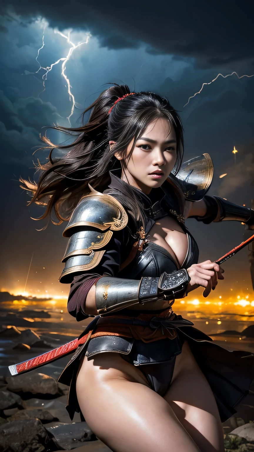 Timeless charm, elegance, photo movie-like ultra-ultra high definition, super real, 8K, ticker, ultra high resolution, masterpiece, (Photo Real Stick: 1.2), sharp focus,
1girl, cowboy shot, female warlord from the Sengoku period, (accurate anatomy: 1.5), pose during battle, severe expression, (very detailed skin and facial texture: 1.2), (Samurai Armor: 1.3), folded (Fighting with a sharp Japanese sword: 1.3), (Fighting in a storm: 1.2), ((Rain, thunder, rising smoke, sparks, flying arrows, many arrows) ,)), aesthetic, cute beauty, (perfect style: 1.2), fair skin, very beautiful face, dark eyes, long black hair in a ponytail, messy hair, beautiful face, exquisite face, perfect proportions, drop shape breasts, large breasts, thick thighs, (beautiful brown eyes, ), (dynamic pose, change pose, dynamic angle,), dark night, big river, riverbed, Japanese wilderness, (wide angle of view: 1.5),