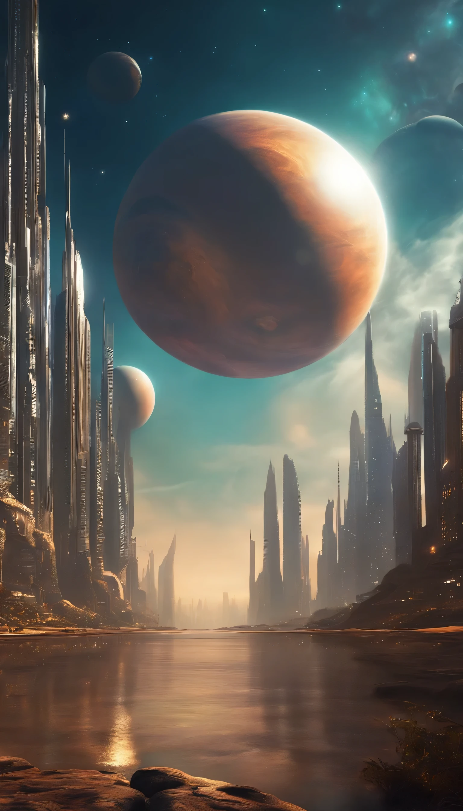 A futuristic city with aliens around. Giant planets in the sky
