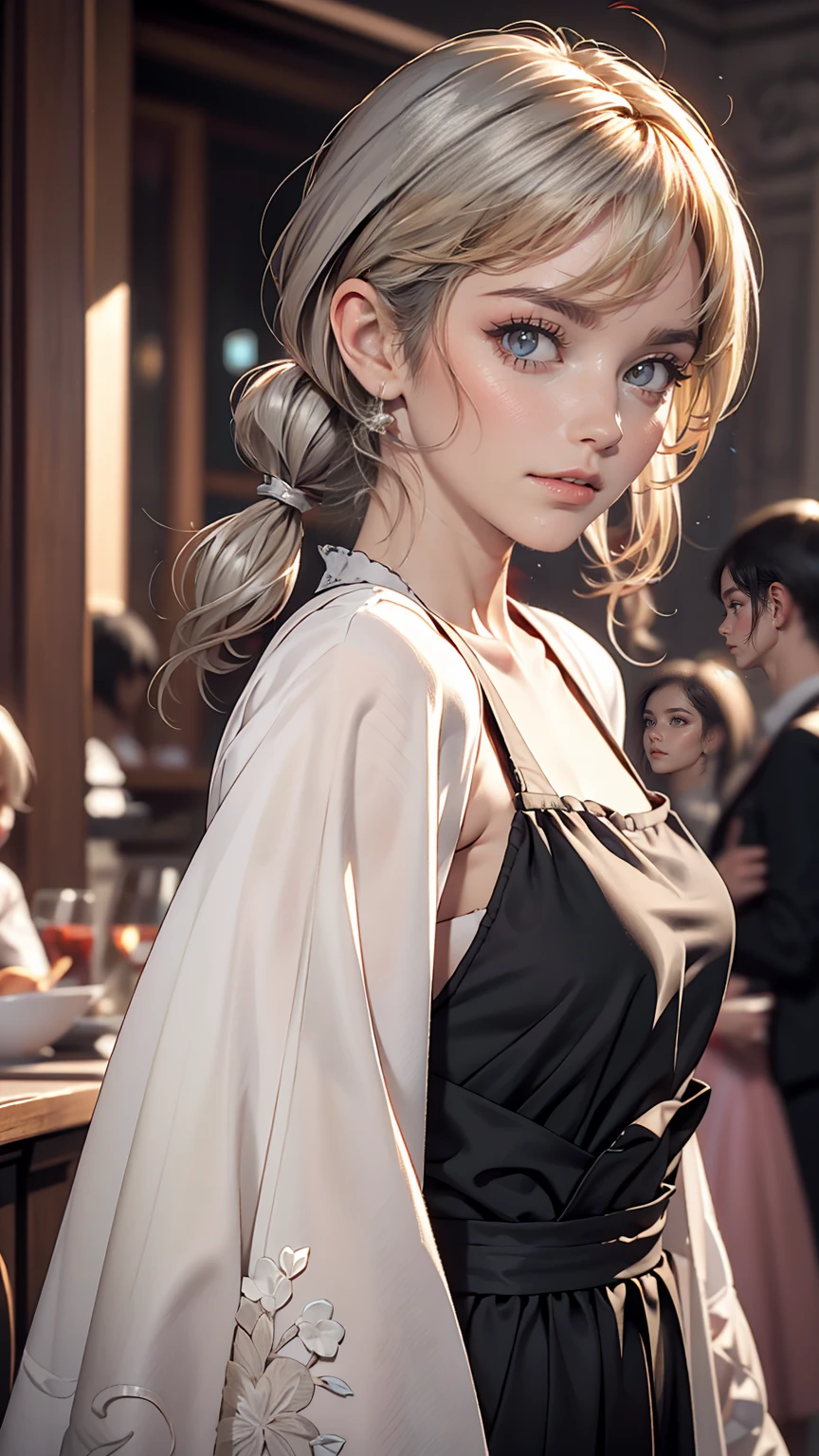 Surrealism, 8k, Super Detail、White woman、Silver Hair、Short pigtails((short twintails))