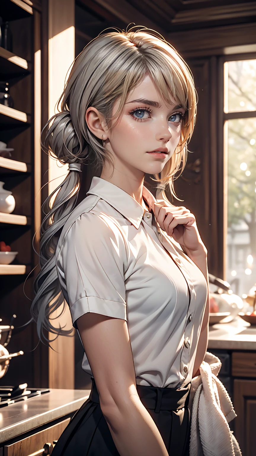 Surrealism, 8k, Super Detail、White woman、Silver Hair、Short pigtails((short twintails))