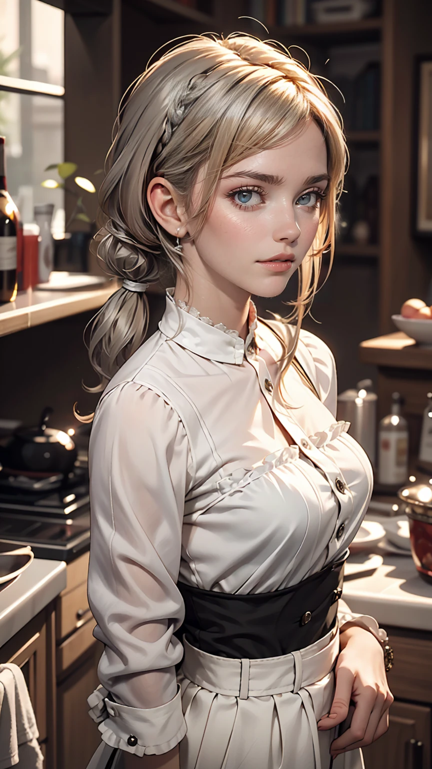 Surrealism, 8k, Super Detail、White woman、Silver Hair、Short pigtails((short twintails))