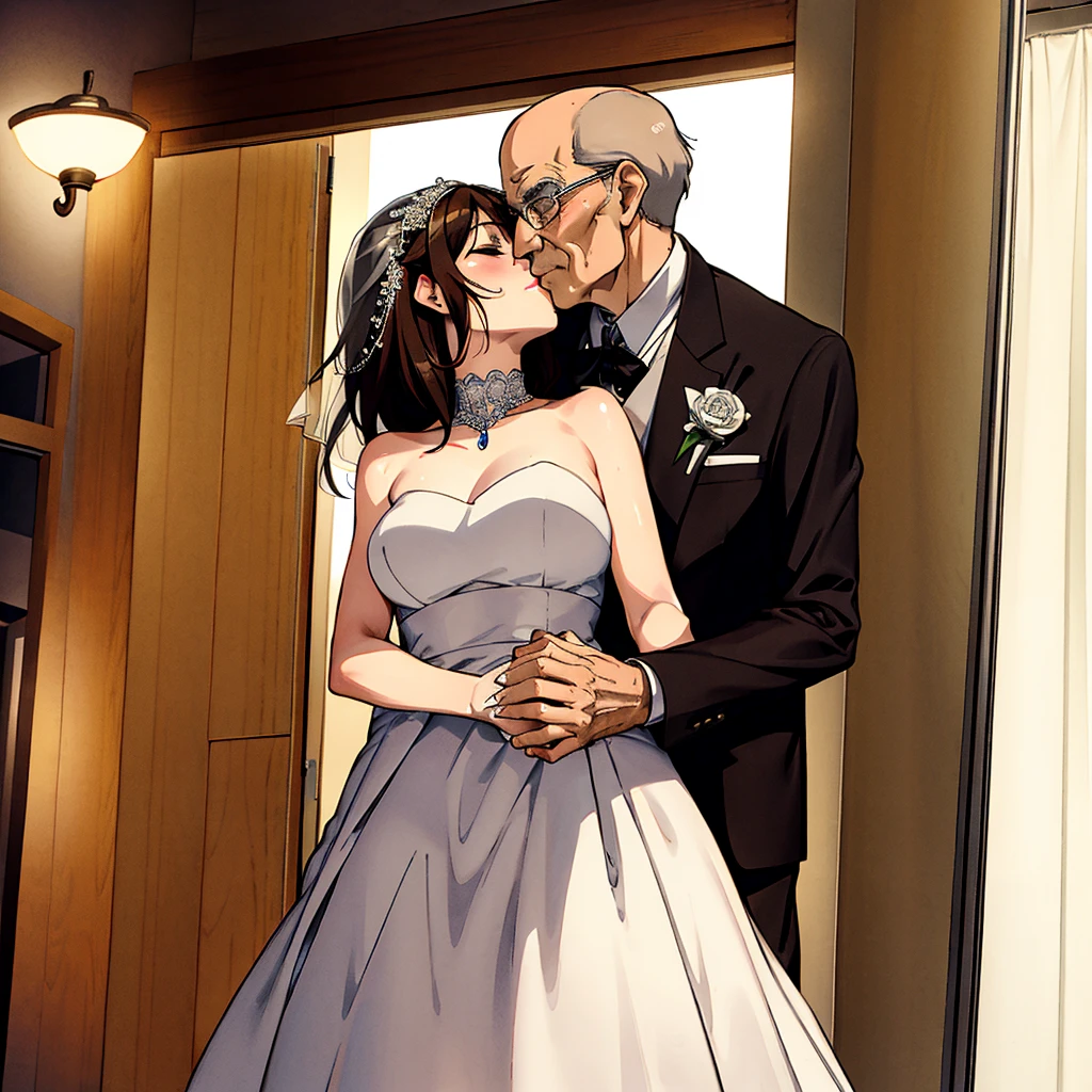 ((highest quality)), ((masterpiece)), (detailed), （Perfect Face）、The woman is Haruhi Suzumiya, with short brown hair and the wife of a 70-year-old man.、（The woman is wearing a gorgeous, flashy pure white wedding dress and wedding veil, a gorgeous engagement ring and gorgeous jewelry, and is standing close to a 70-year-old man wearing a white tuxedo and white tie, with their arms entwined and kissing as they hold their wedding ceremony.）、（A woman snuggles up to a 70-year-old man and kisses him）、The man is 70 years old and is standing close to the woman at a wedding.