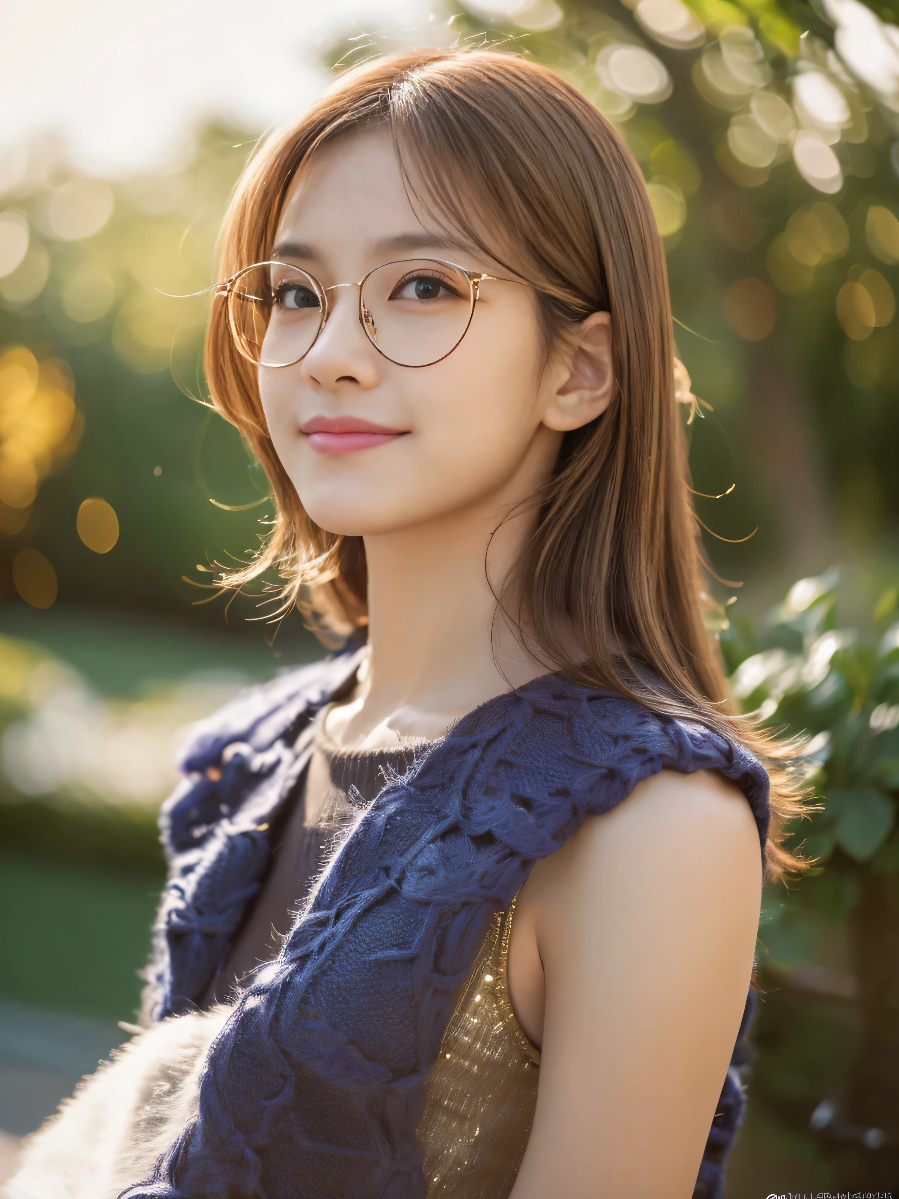 ((​Masterpiece, Top image quality, high resolution、alone、skin shiny))(on the table, best quality, actual, super detailed, meticulous, high resolution, 8k wallpaper), Close-up portrait of a beautiful woman, like, smiling, light brown messy hair, Perfect dynamic composition, Beautiful and meticulous eyes, Just like the cover of a fashion magazine, on campus，wearing gold glasses