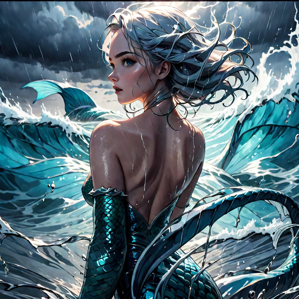 best quality,4k,8k,highres,masterpiece:1.2,ultra-detailed,photorealistic,advertising poster,mermaid,storm,monochromatic,harrowing,contrasting colors,dynamic lighting,water reflections,striking composition,dramatic atmosphere,mysterious concept