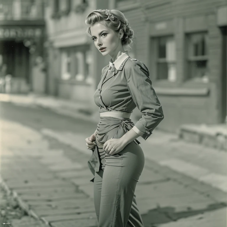 Full body portrait of Betty Seite, allein (im kurzen Matrosen-Outfit, 1940er Jahre, sehr detailiert: 1.5), (fein detailliertes Gesicht, 1.5 Zoll), (1940er Jahre hairstyle with a high pompadour: 1.5 Zoll), (Slim body, Lush, Small hips: 1.8), (an eine Barre gelehnt: 1.5 Zoll), (in einem dunklen, old big band bar from the 1940er Jahre: 1.4 Zoll), (sanfte Studiobeleuchtung, volumetrische Schatten), JCH Street Pan-Film, ISO 100.

Betty Seite,