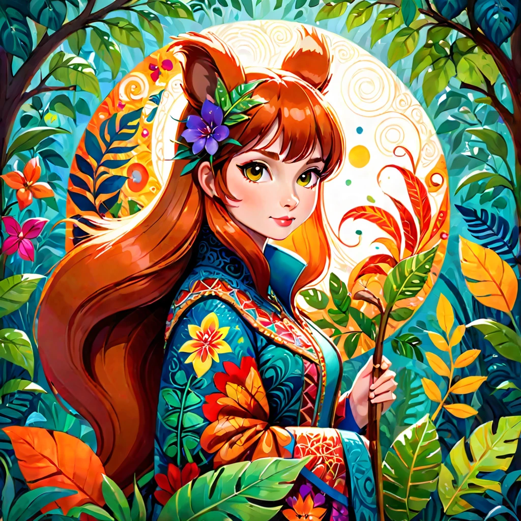 Create a naive art painting inspired by the vibrant and whimsical styles of Halyna Kulaga and Laurel Burch. Depict a beautiful squirrel girl amidst a lush jungle, surrounded by rich tropical foliage. Use bold, expressive strokes and textural elements to bring the scene to life.

Imagine the squirrel girl with a playful expression, her fur adorned with intricate patterns and vibrant colors. She is nestled among the dense greenery, with large, exotic leaves and colorful flowers framing her figure.

In the background, paint a radiant, colorful moon that casts a magical glow over the entire scene. The moon's hues blend harmoniously with the vivid colors of the jungle, creating a dreamlike atmosphere.

Add a whimsical spider weaving an intricate web nearby, its body adorned with bright, decorative patterns. The spider adds an element of intrigue and wonder to the scene, blending seamlessly with the playful and fantastical theme.

Incorporate elements of whimsy and fantasy, with bold and saturated colors, and let the painting radiate joy and enchantment. Use thick, textured brushstrokes to add depth and dimension, making the foliage, the squirrel girl's fur, and the spider's web stand out.
