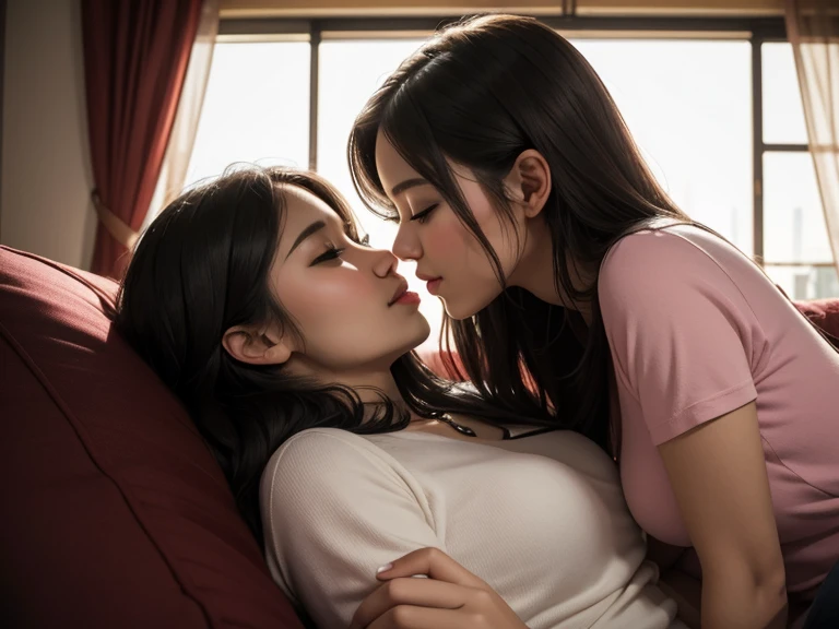 peeking perspective, 2 intimated young ladies, one as 25 years old, another as 32 years old, kissing each other passionated, one above another, cuddling on sofa