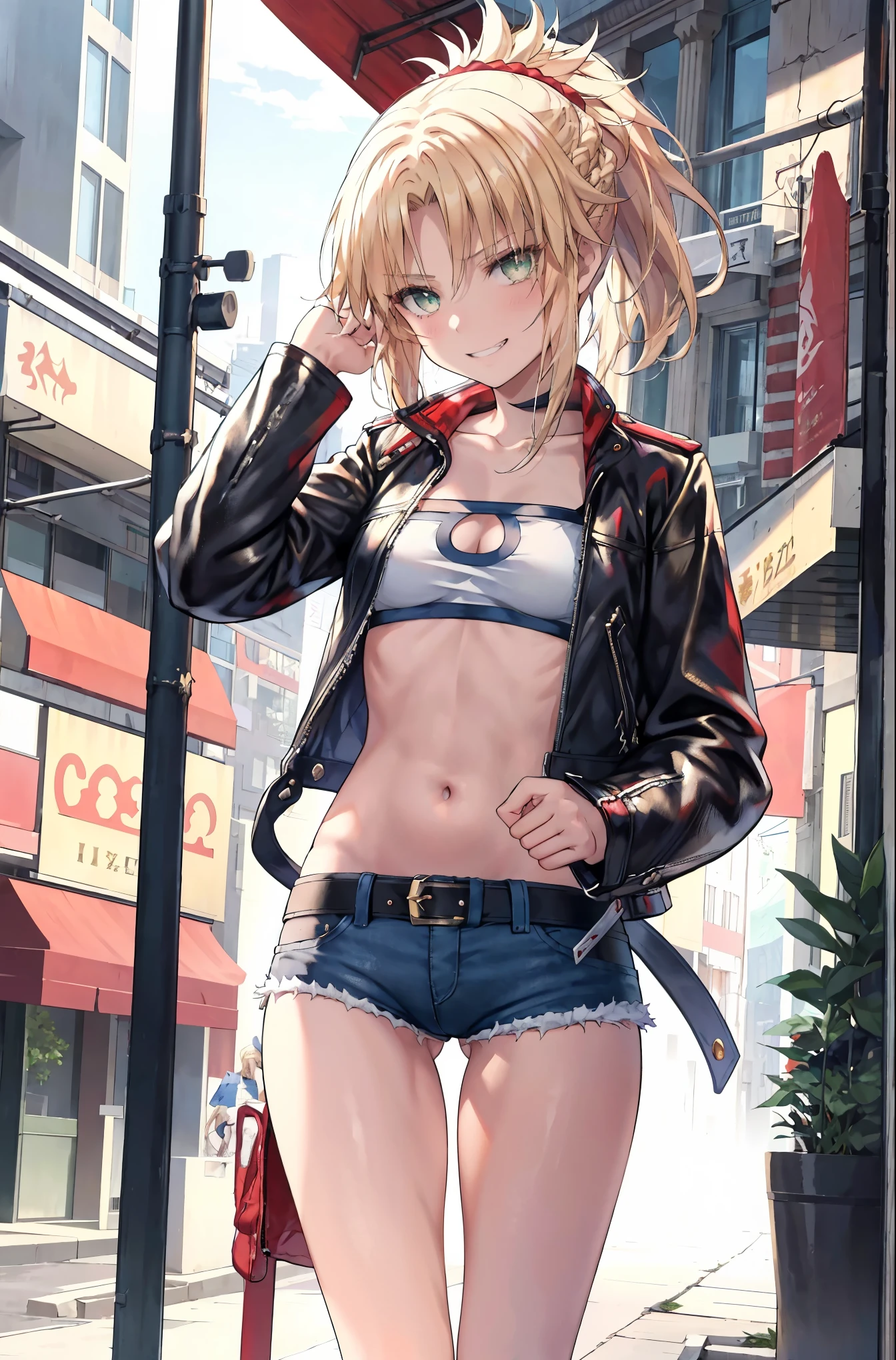 Masterpiece, Best Quality, illustration, city street, 1girl, Mordred \(fate\), cowboy shot, collarbone, Detailed blond hair ponytail braid, green eyes, Red leather jacket, White short blouse, denim shorts,navel,thigh-high,grin, covered_pussy,skiny,long_sword,apart_legs,