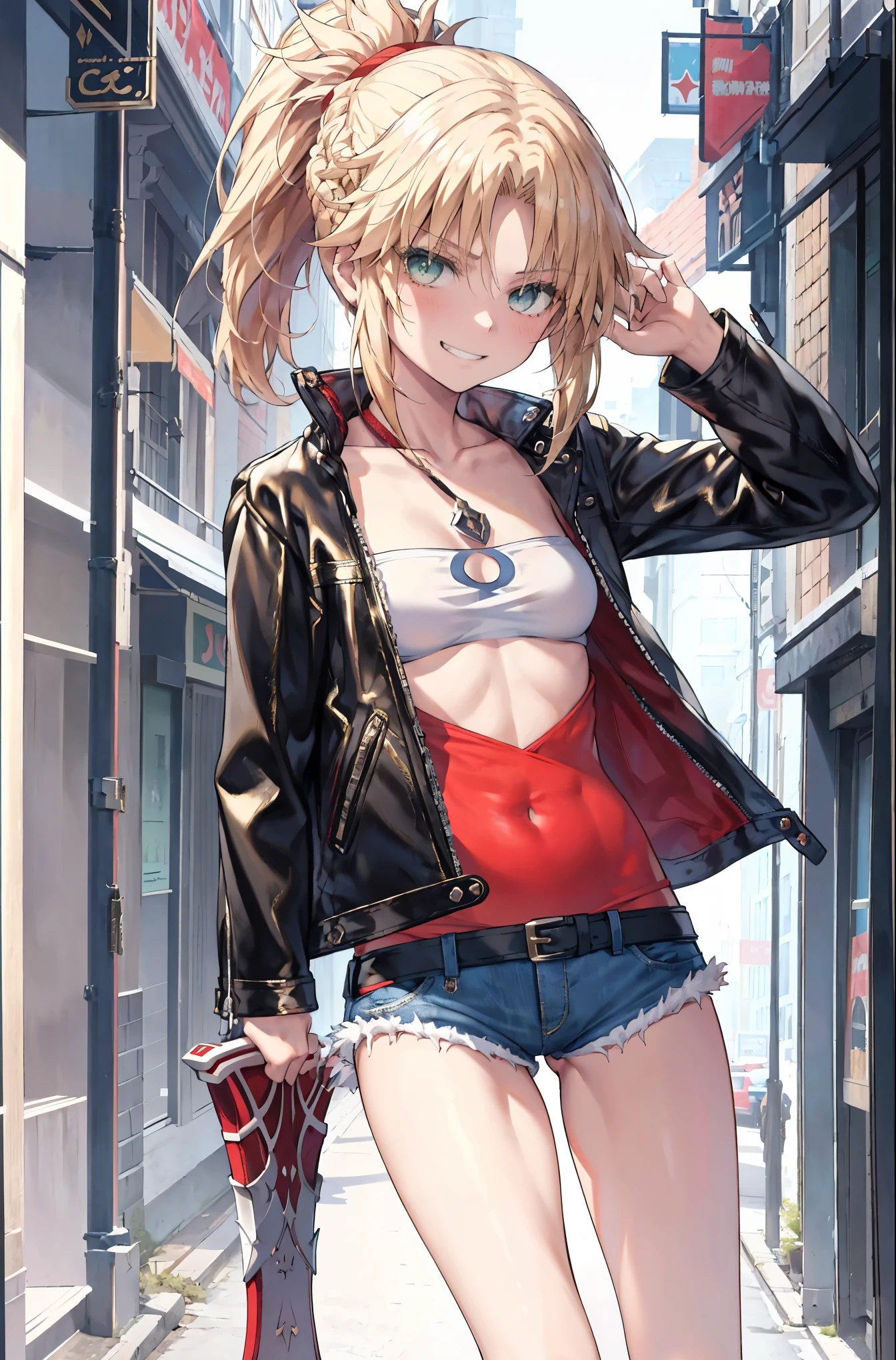 Masterpiece, Best Quality, illustration, city street, 1girl, Mordred \(fate\), cowboy shot, collarbone, Detailed blond hair ponytail braid, green eyes, Red leather jacket, White short blouse, denim shorts,navel,thigh-high,grin, covered_pussy,skiny,long_sword,apart_legs,