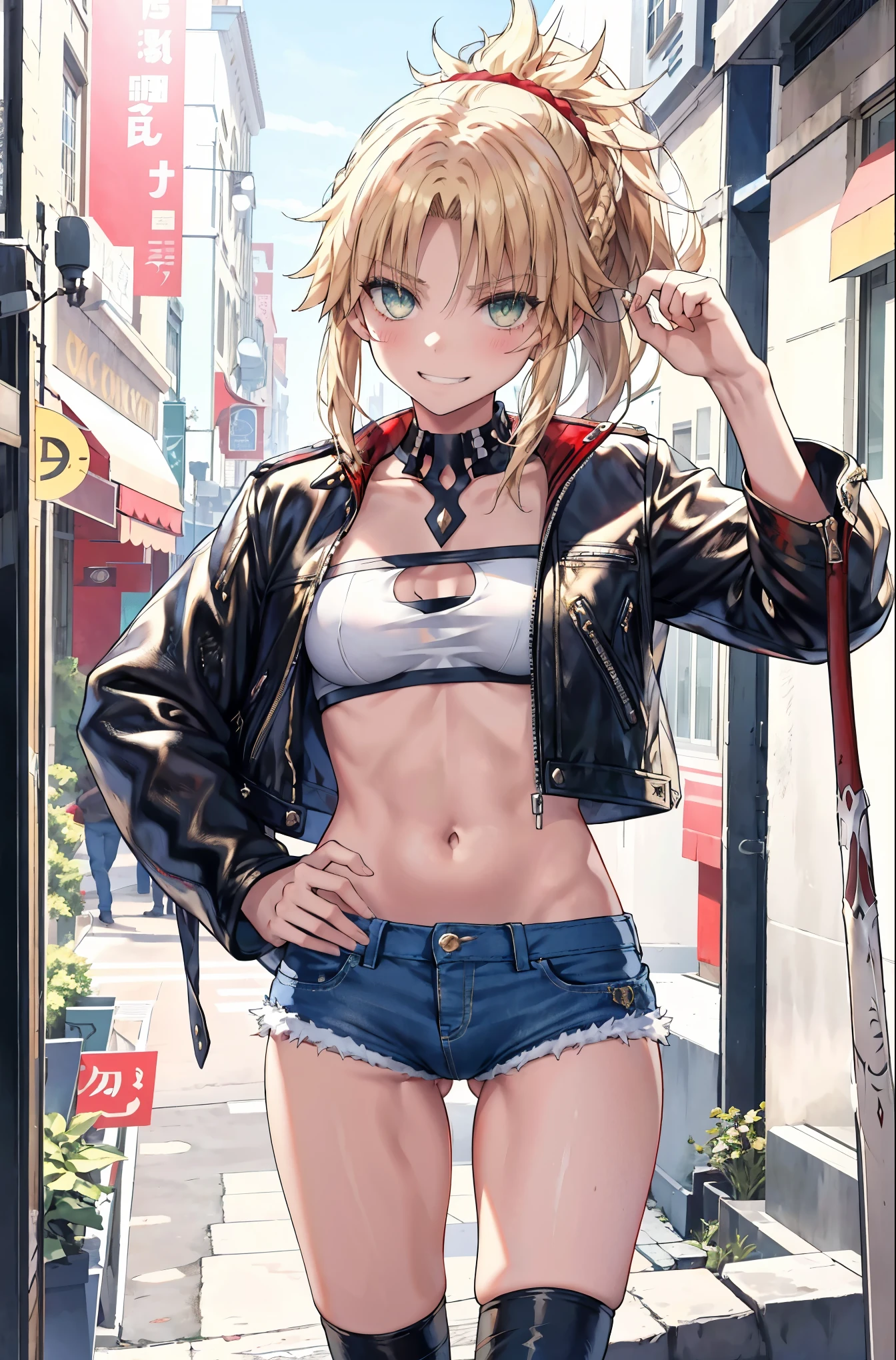 Masterpiece, Best Quality, illustration, city street, 1girl, Mordred \(fate\), cowboy shot, collarbone, Detailed blond hair ponytail braid, green eyes, Red leather jacket, White short blouse, denim shorts,navel,thigh-high,grin, covered_pussy,skiny,long_sword,apart_legs,