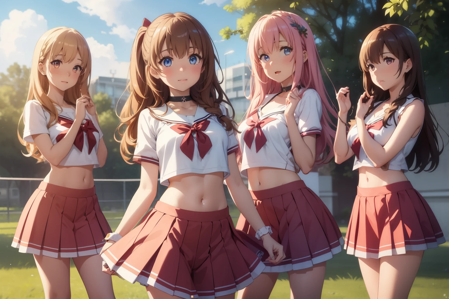 5girls, (multiple girls), highly detailed, best quality, illustration, game cg, perfect anatomy, beautiful cute face girl, beautiful hair, beautiful detailed eyes, choker, cheerleader, midriff, tight top, school field, natural lighting, aichan, latifa fleuranza, yuigahama yui