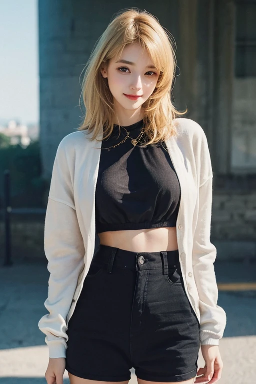 highest quality, masterpiece, Ultra-high resolution, (Realistic:1.5), Blonde Gal, RAW Photos, smile, Bodyline、Hip, One Girl, Perfect fit, In the Dark, Deep Shadow, moderate, Cold Light, Sexy look