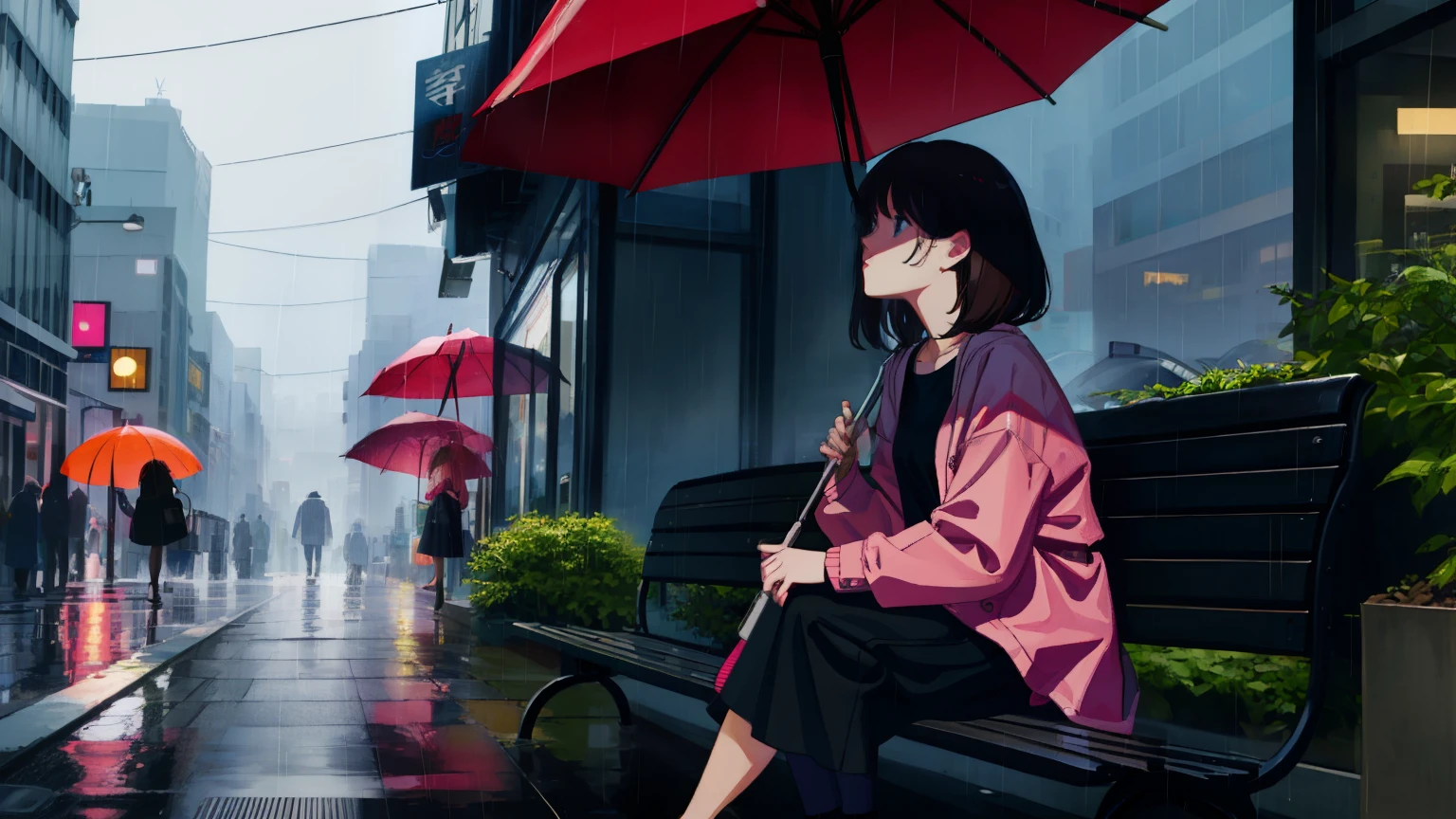 Illustrated poster、Girl hiding from the rain in the city、umbrella、Operating a mobile phone、bench、highest quality、(masterpiece:1.1)