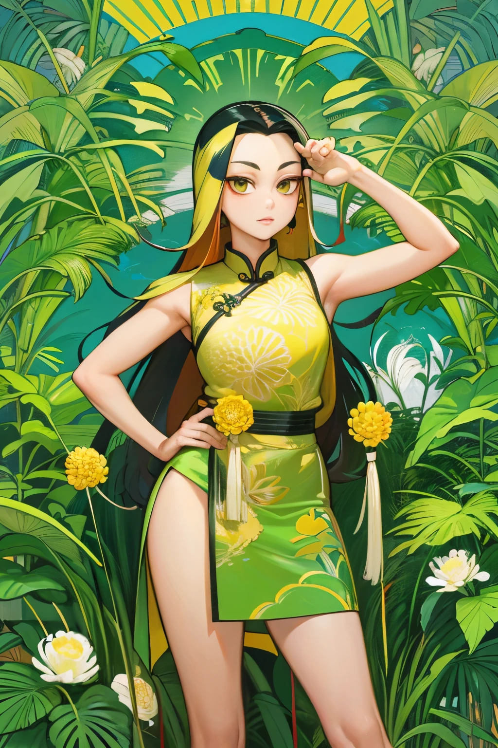 fashion magazine，ultrarealism oil painting，（macaw），Chinese long haired young girl，Light green and powder yellow，Chrysanthemum and plant covering background，The style of artist Bruce Zheng，Huge round chest，shinny hair，cowboy lens，art-deco，Verism，blooms，Award-Awarded，retinas