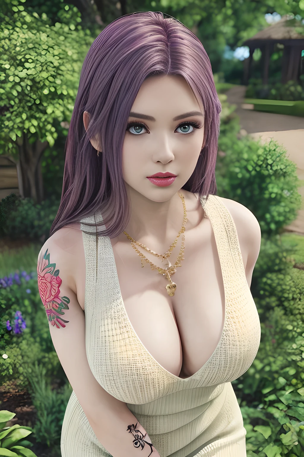 1girl, in a garden, white knit dress, appealing cleavage,( beautiful tattoo:1.2), overhead view, beautiful detailed eyes, beautiful detailed lips, extremely detailed eyes and face, long eyelashes, greenery around, blooming flowers, bright sunlight, shady trees, outdoor setting, feminine charm, detailed texture, snug fit, fashionable, soft fabric, radiant skin, (best quality,4k,8k,highres,masterpiece:1.2), ultra-detailed, (realistic,photorealistic,photo-realistic:1.37), elise,