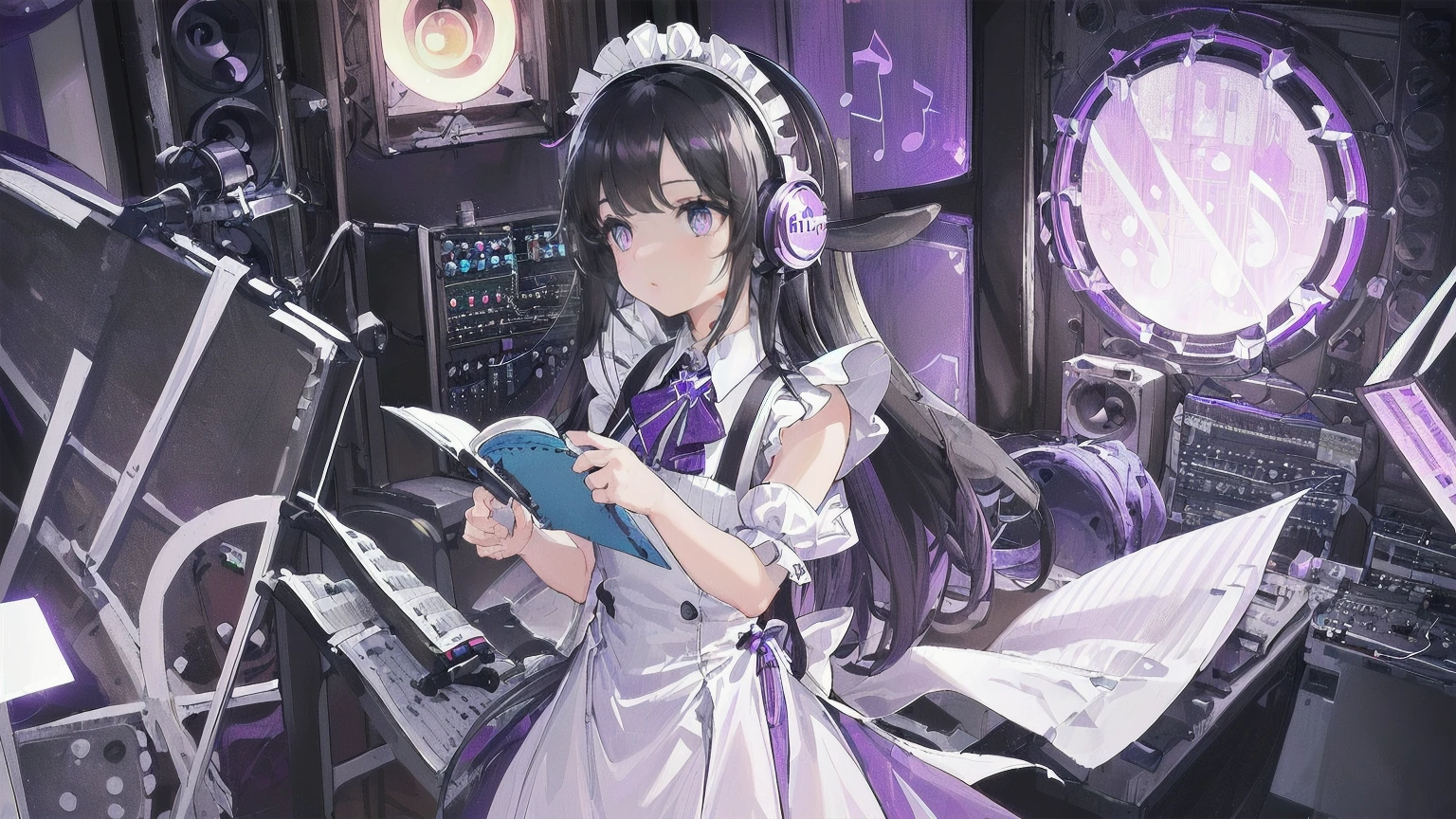(((Masterpiece))), (((Finest))), ((High Resolution)), (16K Best Quality). ((One girl)), (Looking away: 1.4), ((She is a beautiful 5-year-old girl with long black hair and blue drooping eyes. She is wearing headphones: 1.6)), (She happily plays the electronic organ. :1.2). (Perfect Anatomy: 1.4), (Very Detailed Hand: 1.2), (Very Detailed Fingers: 1.2), (Very Detailed Fingertips: 1.2). ((bright white and purple colors) classic maid outfit: 1.4), (music studio: 1.5).
