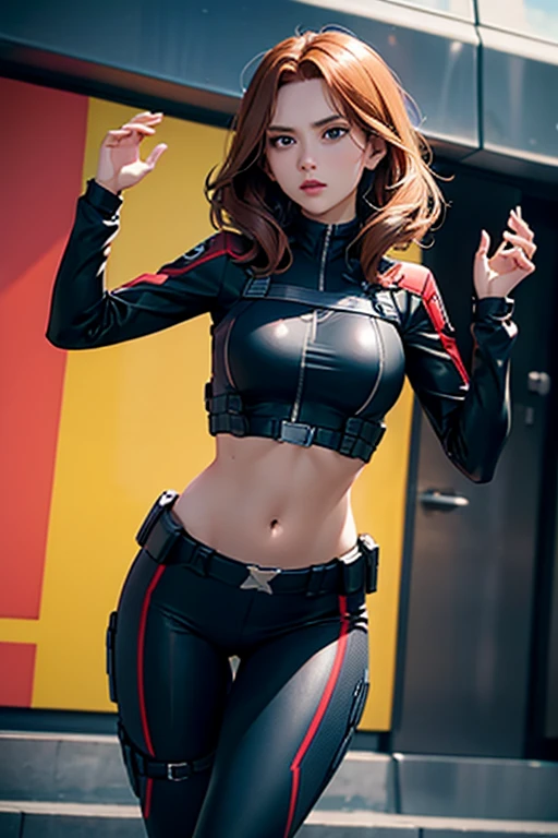 Girl, spy, black widow suit, crop top showing navel, (hands up surrender)