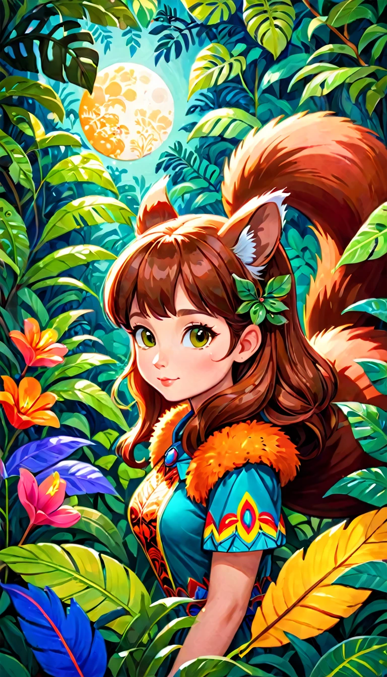 Create a naive art painting inspired by the vibrant and whimsical styles of Halyna Kulaga and Laurel Burch. Depict a beautiful squirrel girl amidst a lush jungle, surrounded by rich tropical foliage. Use bold, expressive strokes and textural elements to bring the scene to life.
Imagine the squirrel girl with a playful expression, her fur adorned with intricate patterns and vibrant colors. She is nestled among the dense greenery, with large, exotic leaves and colorful flowers framing her figure.
In the background, paint a radiant, colorful moon that casts a magical glow over the entire scene. The moon's hues blend harmoniously with the vivid colors of the jungle, creating a dreamlike atmosphere.
Add a whimsical spider weaving an intricate web nearby, its body adorned with bright, decorative patterns. The spider adds an element of intrigue and wonder to the scene, blending seamlessly with the playful and fantastical theme.
Incorporate elements of whimsy and fantasy, with bold and saturated colors, and let the painting radiate joy and enchantment. Use thick, textured brushstrokes to add depth and dimension, making the foliage, the squirrel girl's fur, and the spider's web stand out.