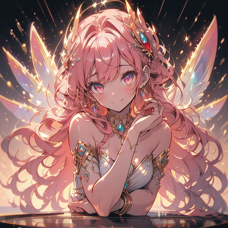  (masterpiece, Very detailed, Exquisite, beautiful, Full HD, High resolution, Confused), (1 person),Fairy Woman, Fire Dress Base,((Fire motif dress)), Giant fairy wings,((smile,Excited, Grin)), Dynamic Angle,floating, With her left hand on her hip, Right hand engulfed in flames,Fire Magic,magic circle,Ruby Cave,Looking at the audience, Golden Eyes, Big eyes, Sunburned skin, slim, Ruby Earrings, Ruby Choker, (white and red ball gown dress:1.1, Fire motif dress,Ruby Decoration), (Bob, Wavy pink hair,my hair is on fire:1.2 ),Fantasy, Romantic studies,  Cinema Lighting, Volumetric lighting, Dynamic Lighting,Soft Edge, Soft lines,Dynamic Angle, Dramatic lighting, Warm lighting, Soft lighting, Written boundary depth, Fantasy, beautiful, Dreamy atmosphere, Blue feathers