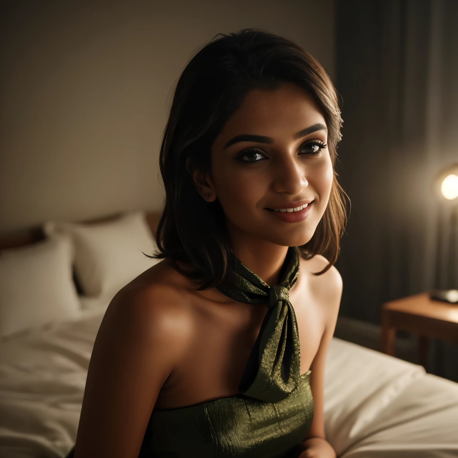 In this photograph, an Indian Instagram female model in her mid-35s takes center stage,smiling face, not skinny, little chubby,(( big round chest)), open cleavage, (highly detailed face:1.4) (smile:0.7) (hotel room, moody, private study:1.OV, by lee jeffries, nikon d850, film stock photograph ,4 kodak portra 400 ,camera f1.6 lens ,rich colors ,hyper realistic ,lifelike texture, dramatic lighting , cinestill 800, realistic, wearing very short gown self design fit & flare dress Sweetheart neck Short, Tie-up detail on back Above knee length in flounce hem Attached Lining Chiffon fabric, actress, karla ortiz, posing!!, candid picture, by Max Dauthendey,Completing the aesthetic, . The photograph is meticulously captured in 8K resolution using cutting-edge techniques such as Cinema 4D and Octane Render, resulting in a highly detailed and photorealistic image. Studio lighting, HDR, and a smoky mist create a captivating ambiance, while the bokeh effect adds an artistic touch, sexy point of viewer look