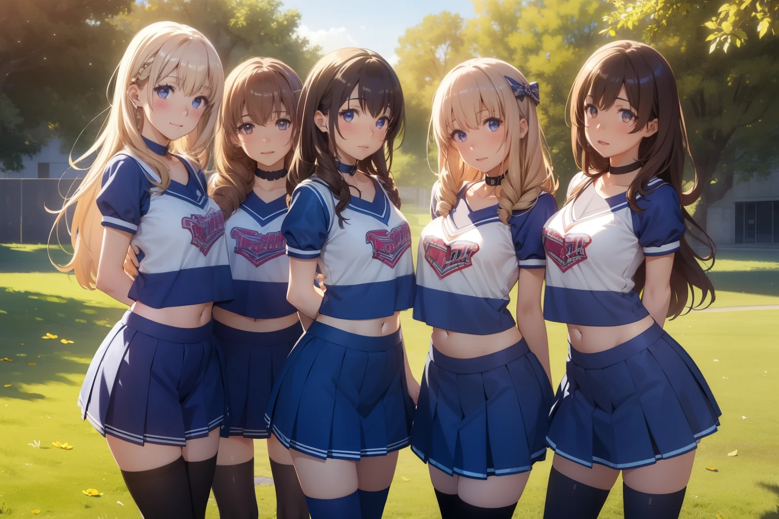 5girls, (multiple girls), highly detailed, best quality, illustration, game cg, perfect anatomy, beautiful cute face girl, beautiful hair, beautiful detailed eyes, choker, (cheerleader), midriff, school field, natural lighting, aichan, latifa fleuranza, yuigahama yui, thigh highs