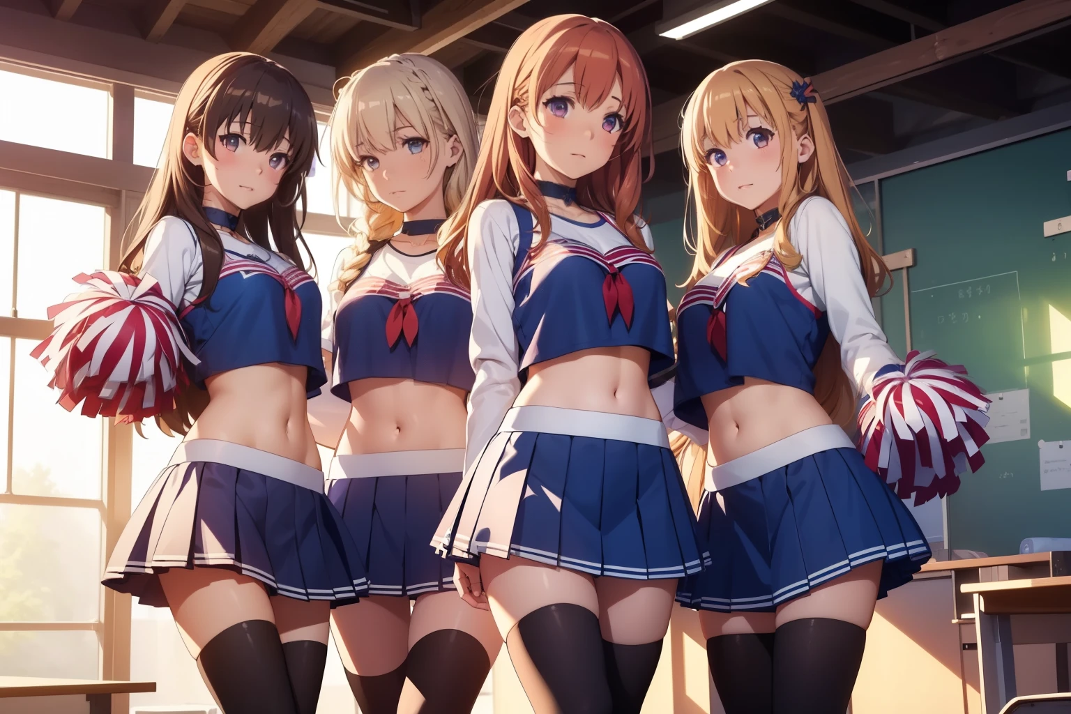 5girls, (multiple girls), highly detailed, best quality, illustration, game cg, perfect anatomy, beautiful cute face girl, beautiful hair, beautiful detailed eyes, choker, (cheerleader), midriff, school field, natural lighting, aichan, latifa fleuranza, yuigahama yui, thigh highs