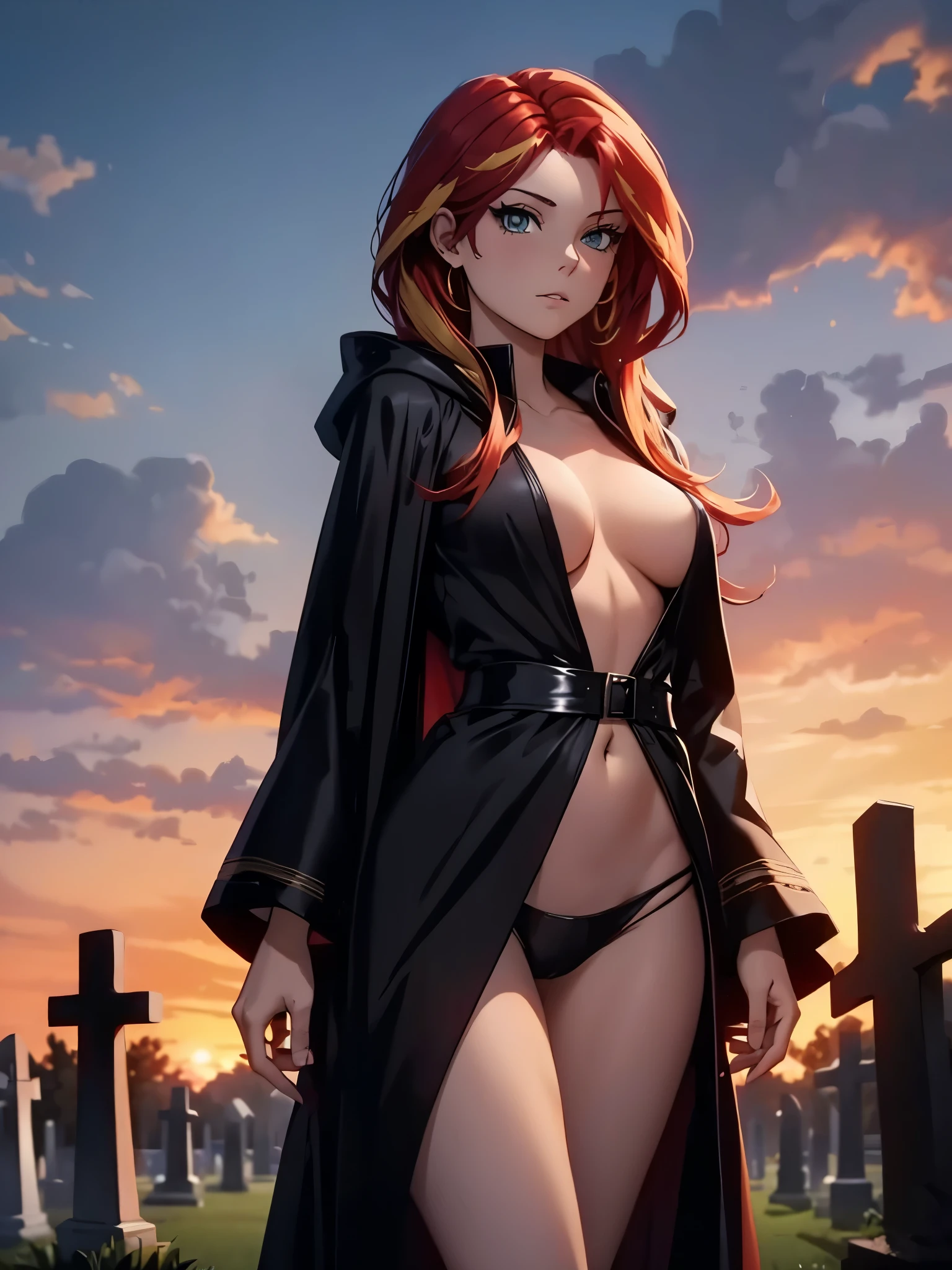 sunset shimmer wearing a black robe and black cloak and hood, bare leg exposed, in a cemetery