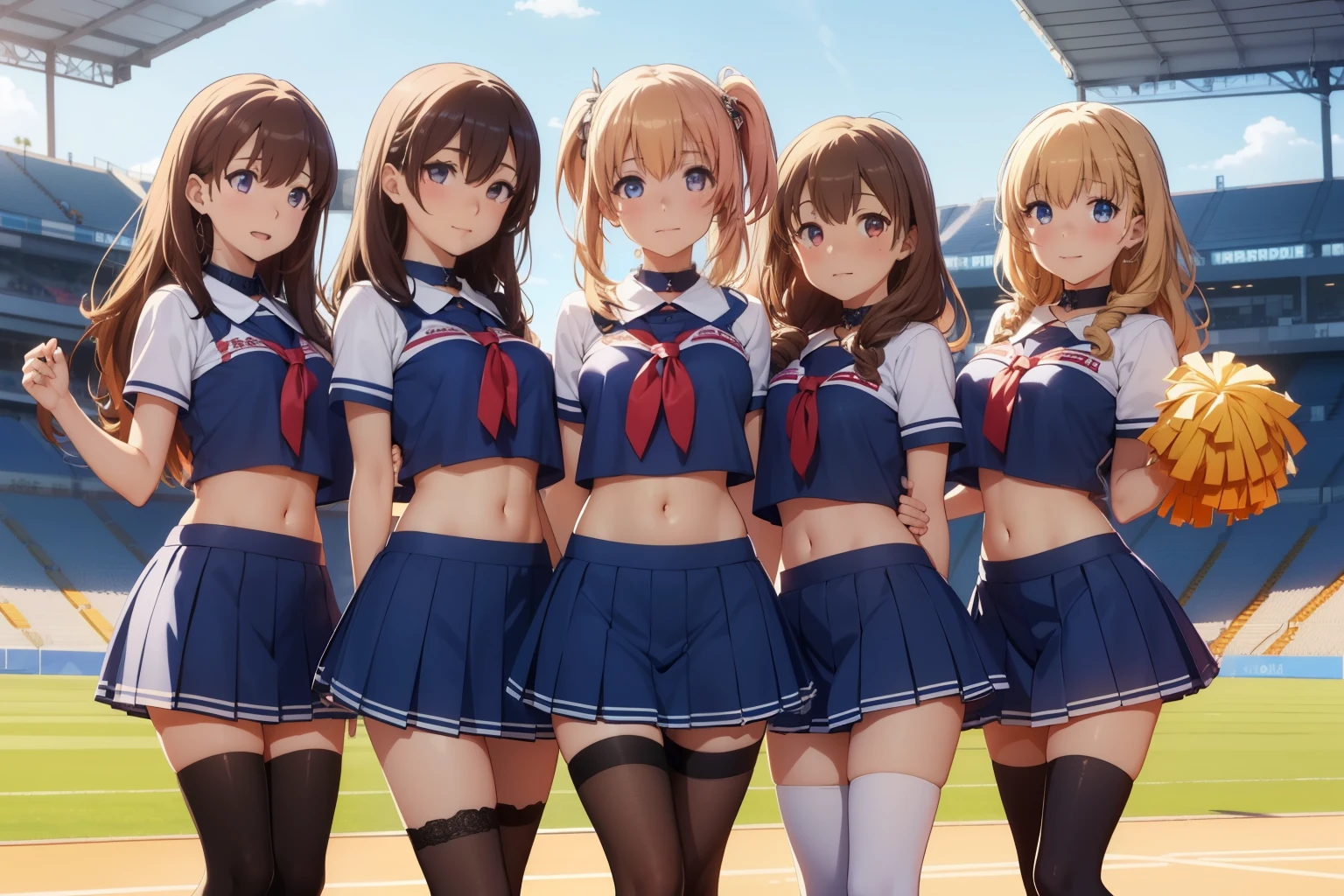 5girls, (multiple girls), highly detailed, best quality, illustration, game cg, perfect anatomy, beautiful cute face girl, beautiful hair, beautiful detailed eyes, choker, (cheerleader), midriff, school field, natural lighting, aichan, latifa fleuranza, yuigahama yui, thigh highs