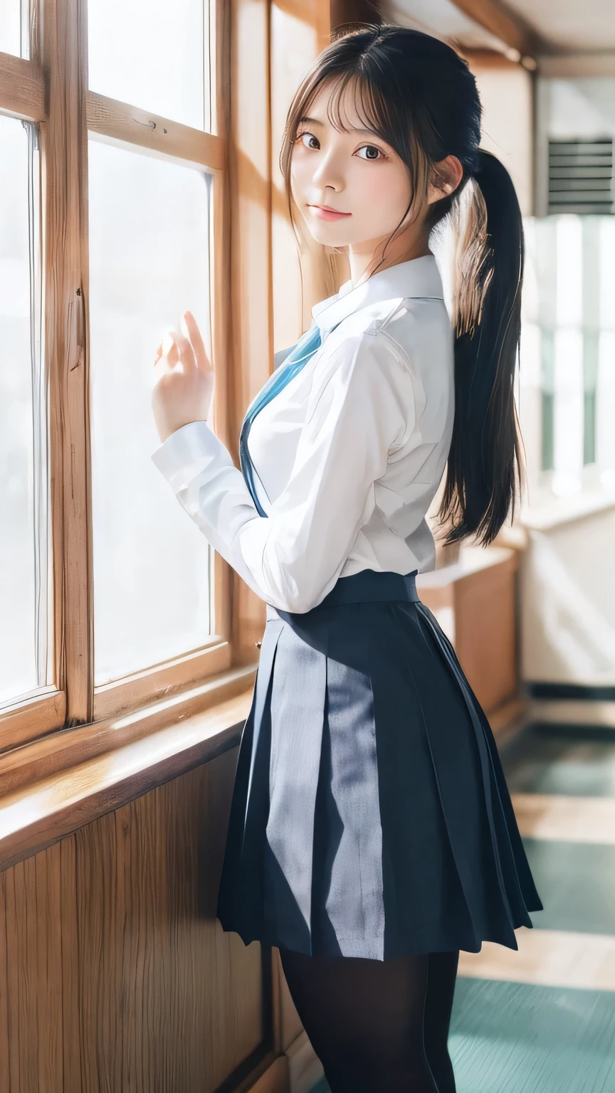 Super quality、8k、Pieces fly、(RAW Photos:1.4)、High resolution、((Composition away from the subject))、((Full body photo from face to ankles))、((Perfect Anatomy))、1 female 14 years old、Detailed skin、Glowing Skin、Baby Face、double eyelid、eyes with long eyelashes、Small face、smile、Open your mouth、ponytail、Staring out the window in the school hallway、Stretch your back、The windows provide natural light、Realistic school scenery、middle School girl、Blue and grey school bag slung over shoulder、、Slender and delicate body、Small breasts、A blazer uniform with green lines、girl 、Checked skirt、healthy、young woman、black tights、black tights、Black knee-high socks、Brown loafers、loafers、Full Body Shot、Clean hairstyles、Accentuates the lines of very slim legs