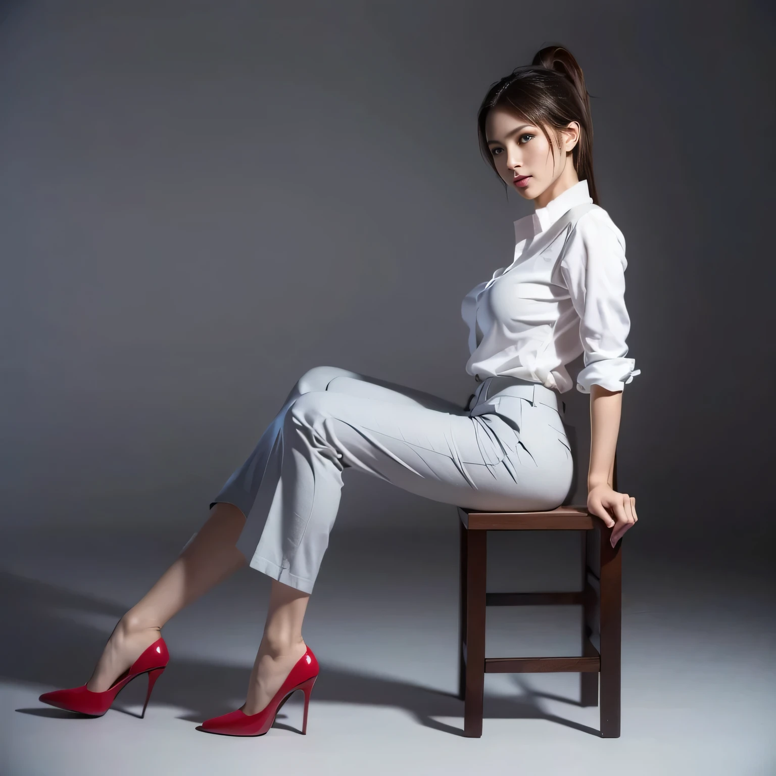 ((office，bend over，Stand up straight on your legs，side shot，side shot，sexy pose，business attire，White shirt，Gray trousers，High heel)),((8k+ultra high resolution+ultra high definition+masterpiece+Very detailed+Award-winning+The award-winning)),(perfect face+supermodel+high ponytail+Delicate skin+huge breasts),[[[muscle]]],(((anatomically correct))) ,