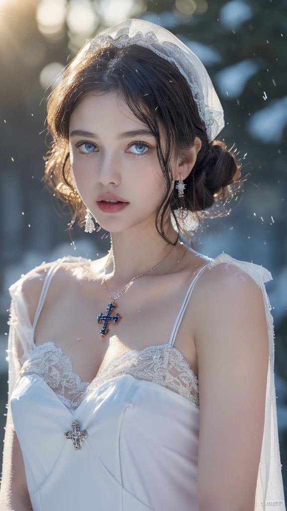 1 miniature Beautiful beautiful woman - Yuan Sayuki, ((top quality, 8K, Masterpiece:1.retty woman, 1 woman, huge breasts:1.3, a slim body:1.1, lush GINGER short hair with 2 buns, (shower, wet body, wet clothes:1.1), very detailed face, detailed lips, detailed eyes, double eyelids, Detailed blue eyes, чрезвычайно Detailed Outstanding Blue Eyes, short GINGER wet hair, GINGER wet hair, Detailed Outstanding Blue Eyes, innocent look at the viewer, very wet wavy white hair, Detailed Outstanding Blue Eyes, huge cross earrings, Outdoors, badges behind, gothic maid uniform,  sexy maid dress, bare chest, huge chest tattoo, detailed huge catholic cross earrings, chest tattoo, Outside, wear a silver cross (Detailed cross shape), reality mode, wet breasts, black necklace, human crowd behind, black latex gloves, hair of white snowy colour, night time, red neon lights, demonic nun, nimbus (golden lighting ring above her head), angel, snowy weather, sexy pose, white lingerie, black maid dress, detailed flower wreath made of different colours, open chest (tattoo on her chest)