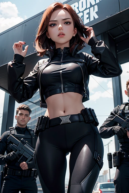 Girl, spy, black widow suit, crop top showing navel, (hands up surrender), ((got capture by some men))