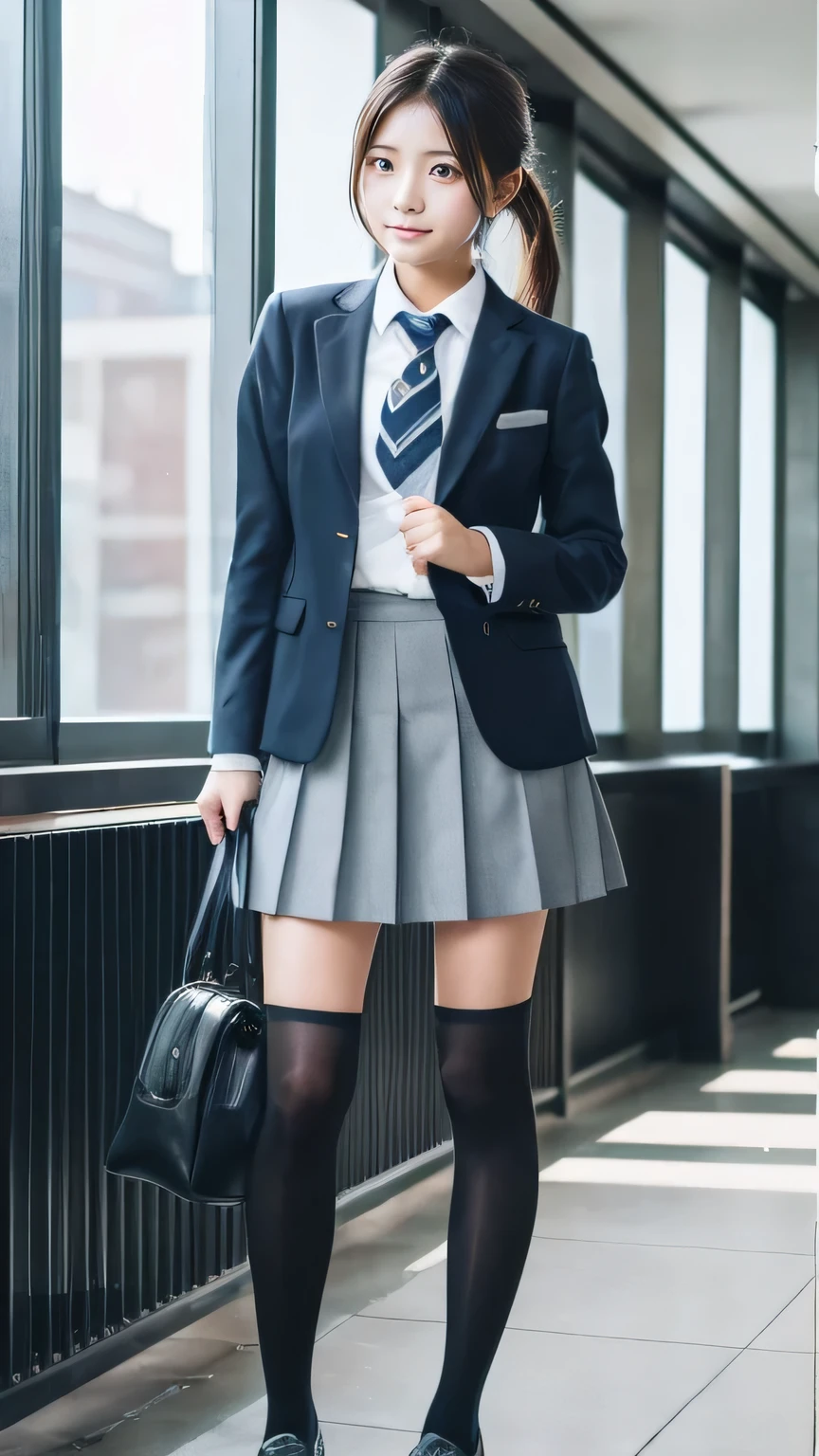 Super quality、8k、Pieces fly、(RAW Photos:1.4)、High resolution、((Composition away from the subject))、((Full body photo from face to ankles))、((Perfect Anatomy))、1 female 14 years old、Detailed skin、Glowing Skin、Baby Face、double eyelid、eyes with long eyelashes、Small face、smile、Open your mouth、ponytail、Staring out the window in the school hallway、Stretch your back、The windows provide natural light、Realistic school scenery、middle School girl、Blue and grey school bag slung over shoulder、、Slender and delicate body、Small breasts、A blazer uniform with green lines、girl 、Checked skirt、healthy、young woman、black tights、black tights、Black knee-high socks、Brown loafers、loafers、Full Body Shot、Clean hairstyles、Accentuates the lines of very slim legs
