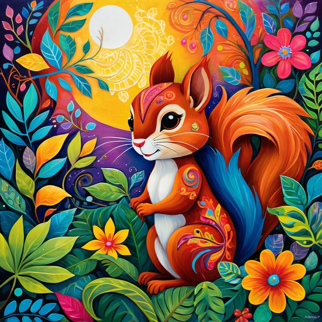 Create a naive art painting inspired by Halyna Kulaga and Laurel Burch. Depict a beautiful squirrel girl amidst lush jungle foliage, using bold, expressive strokes and textural elements.

Imagine the squirrel girl with a playful expression, her fur adorned with intricate patterns and vibrant colors. She is surrounded by exotic leaves and colorful flowers.

In the background, paint a radiant, colorful moon that casts a magical glow over the scene. The moon's hues blend harmoniously with the jungle's vivid colors, creating a dreamlike atmosphere.

Add a whimsical spider weaving an intricate web nearby, its body adorned with bright, decorative patterns, enhancing the scene's charm and wonder.

Incorporate elements of whimsy and fantasy with bold, saturated colors. Use thick, textured brushstrokes to add depth and dimension, making the foliage, squirrel girl, and spider stand out.