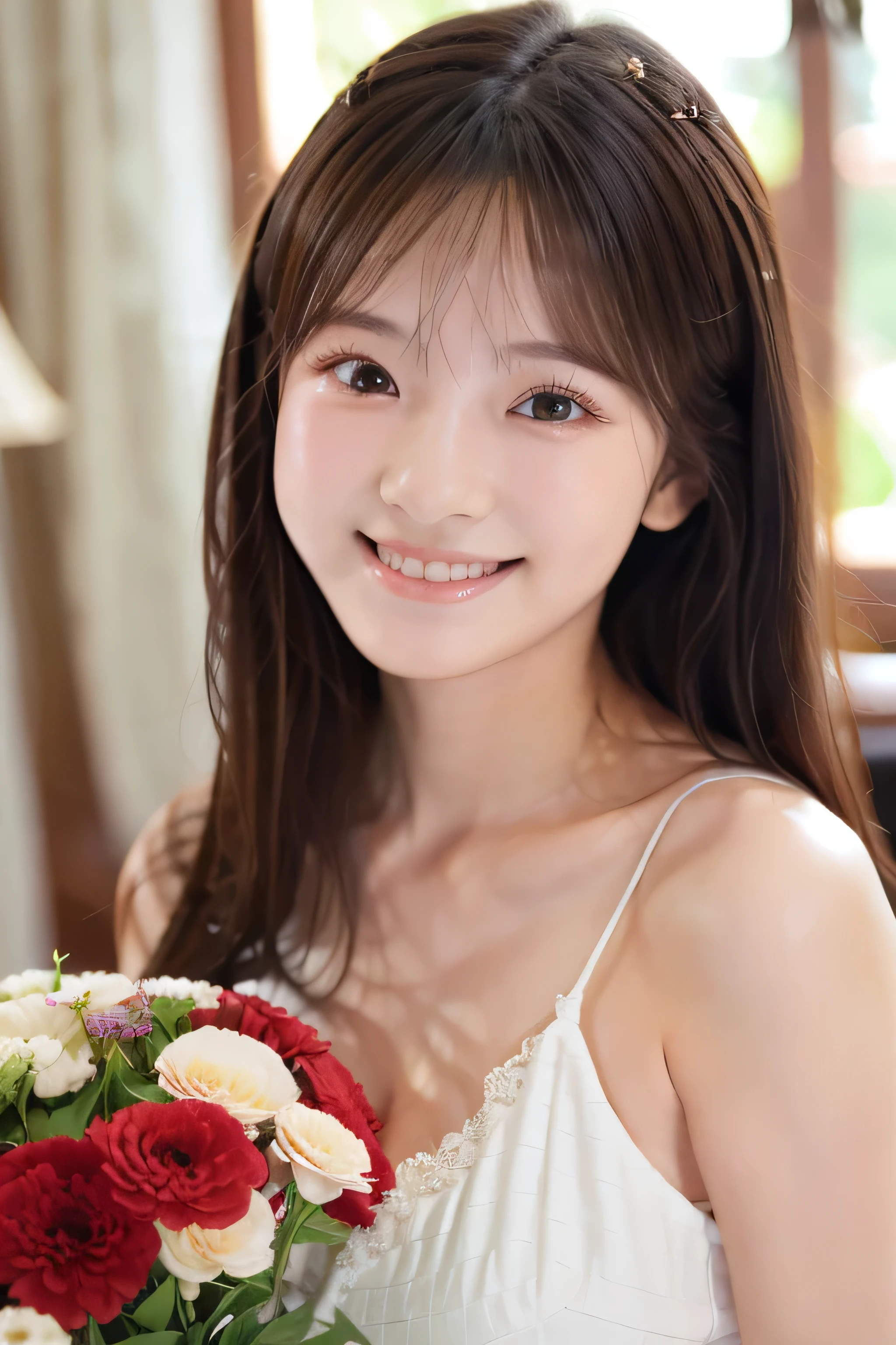 Very beautiful woman at 15 years old、Smiling Kindly、Cleavage、Mother’s Day、Bouquet of carnations、living room、Natural light、Accurate、Anatomically correct、Textured skin、Super Detail、 Attention to detail、highest quality、High resolution、Genuine、realism、RAW Photos、Genuine、masterpiece