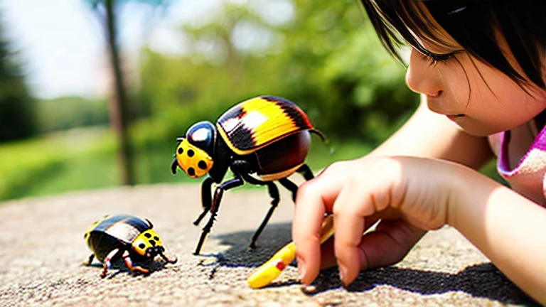Children playing with beautiful beetles in the countryside、