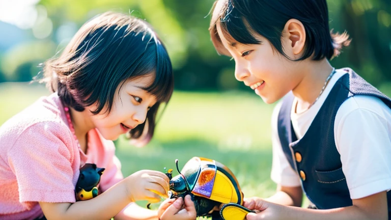 田舎で田舎でChildren playing with beautiful beetles、Children playing with beautiful beetles、