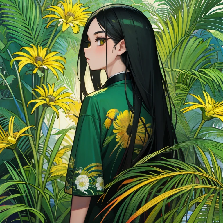 fashion magazine，ultrarealism oil painting，（macaw），Chinese long haired young girl，Light green and powder yellow，Chrysanthemum and plant covering background，The style of artist Bruce Zheng，Huge round chest，shinny hair，cowboy lens，art-deco，Verism，blooms，Award-Awarded，retinas
