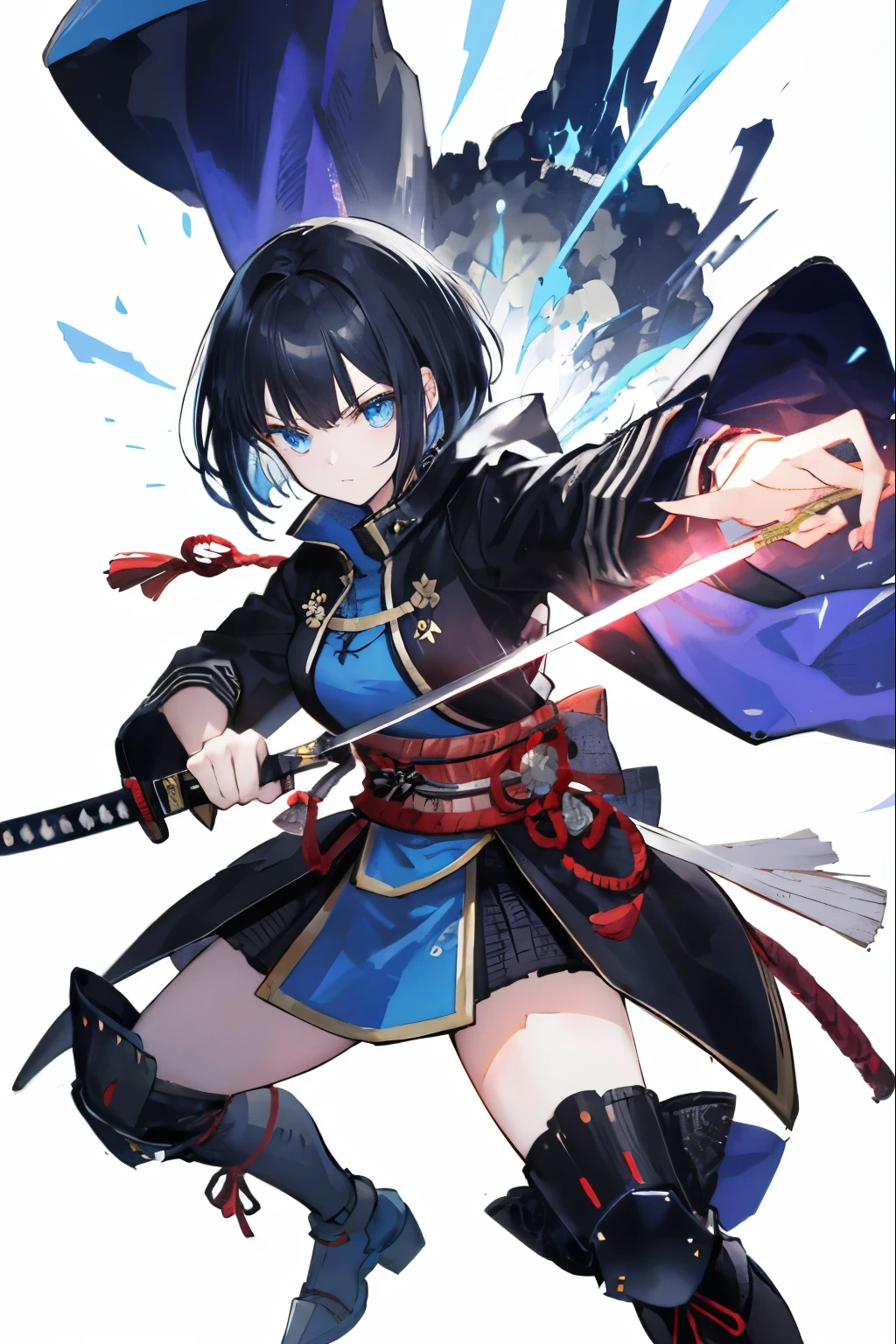 Table Top, highest quality), (Perfect athletic body:1.2),,blue eyes、Black Hair、The inside of the hair is blue、Bobcut、Very detailed, Anime Style, whole body, Carries a long blue great sword and wears high-tech boots, 8K High Resolution, Trend Art Station, White Background, Standing in the Wilderness, whole body,Dressed in a black jacket、The Woman of Arafed,A very beautiful samurai(masterpiece), highest quality,, Perfect Face, Super detailed, One girl, alone, a goddess holding a ,Combat Stance, Dynamic Angle, attack battle form, Has a huge sword, Elusive , attack,Glare, Weapon close-up,, a decorative sword, It's full of momentum, the sky splits, thunder and lightning, Planetary explosion