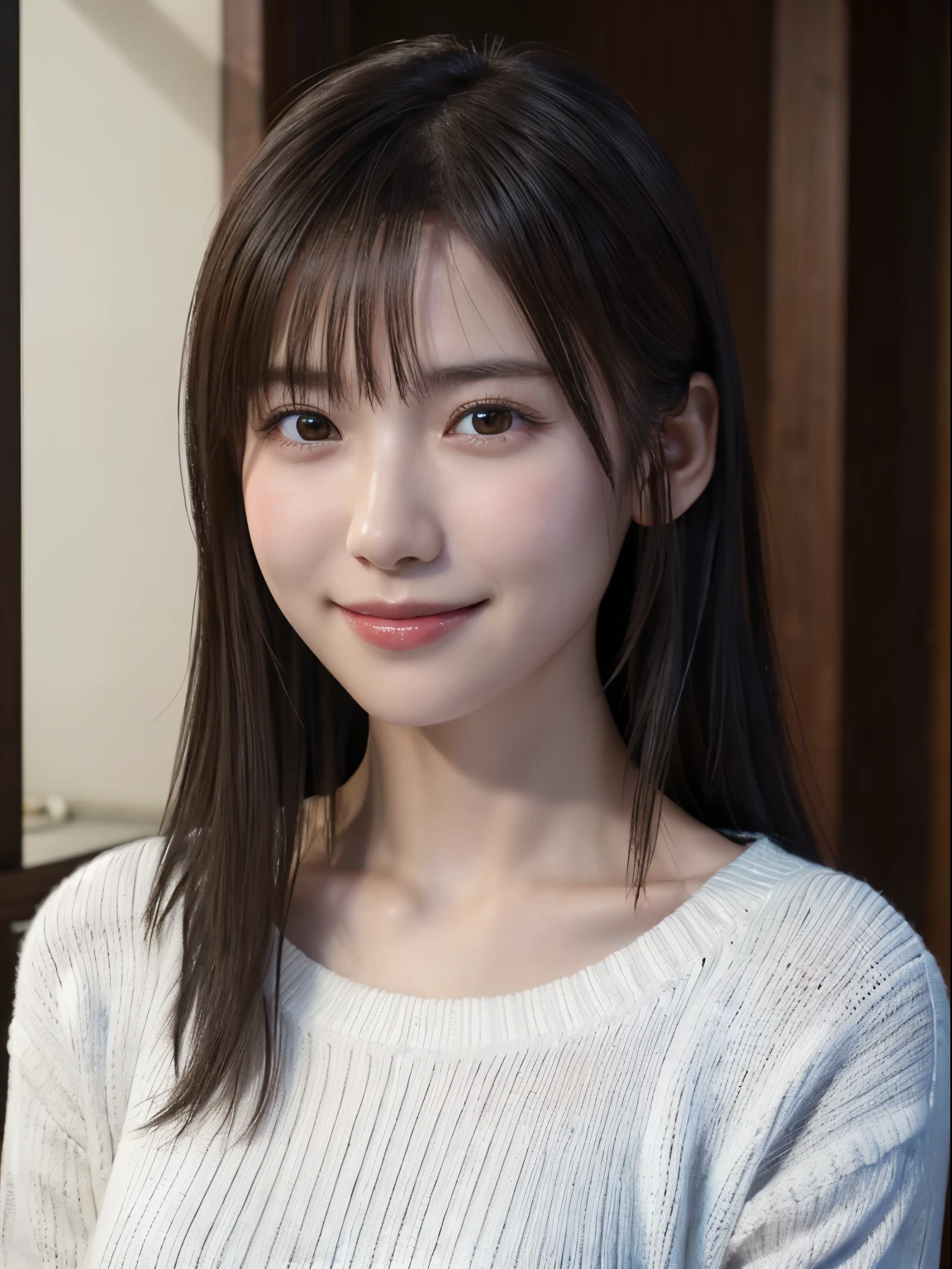 1 Japanese girl,(White sweater:1.4), (RAW Photos, highest quality), (Realistic, Realistic:1.4), Tabletop, Very delicate and beautiful, Very detailed, 8k wallpaper, wonderful, In detail, Very detailedなCG Unity, High resolution, Soft Light, Beautiful details 19 years old, Very detailedな目と顔, Beautiful and detailed nose, Beautiful details,Cinema Lighting,Perfect Anatomy,Slender body,smile  (Asymmetrical bangs,)