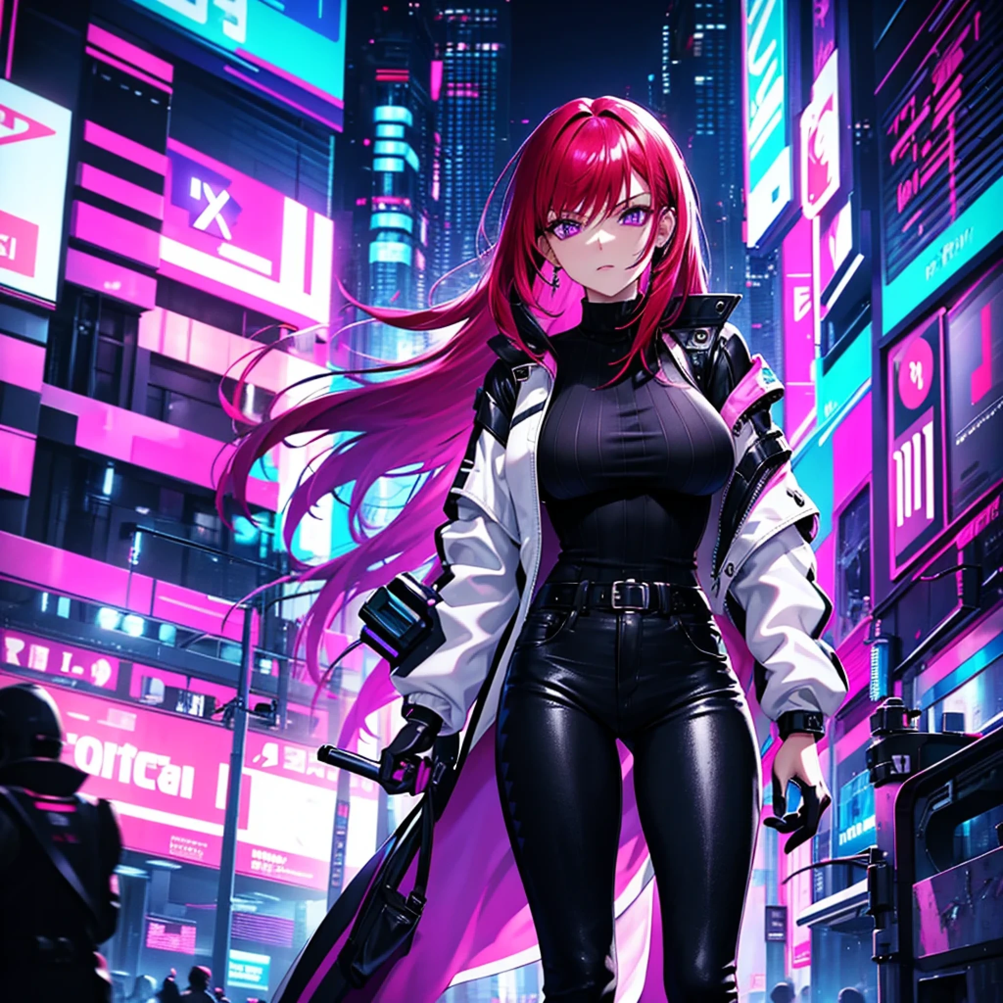 Futuristic, cyberpunk, neon lights, Mature redhead woman with purple eyes, sexy, tight black sweater, white jacket, tight jeans, high quality, masterpiece