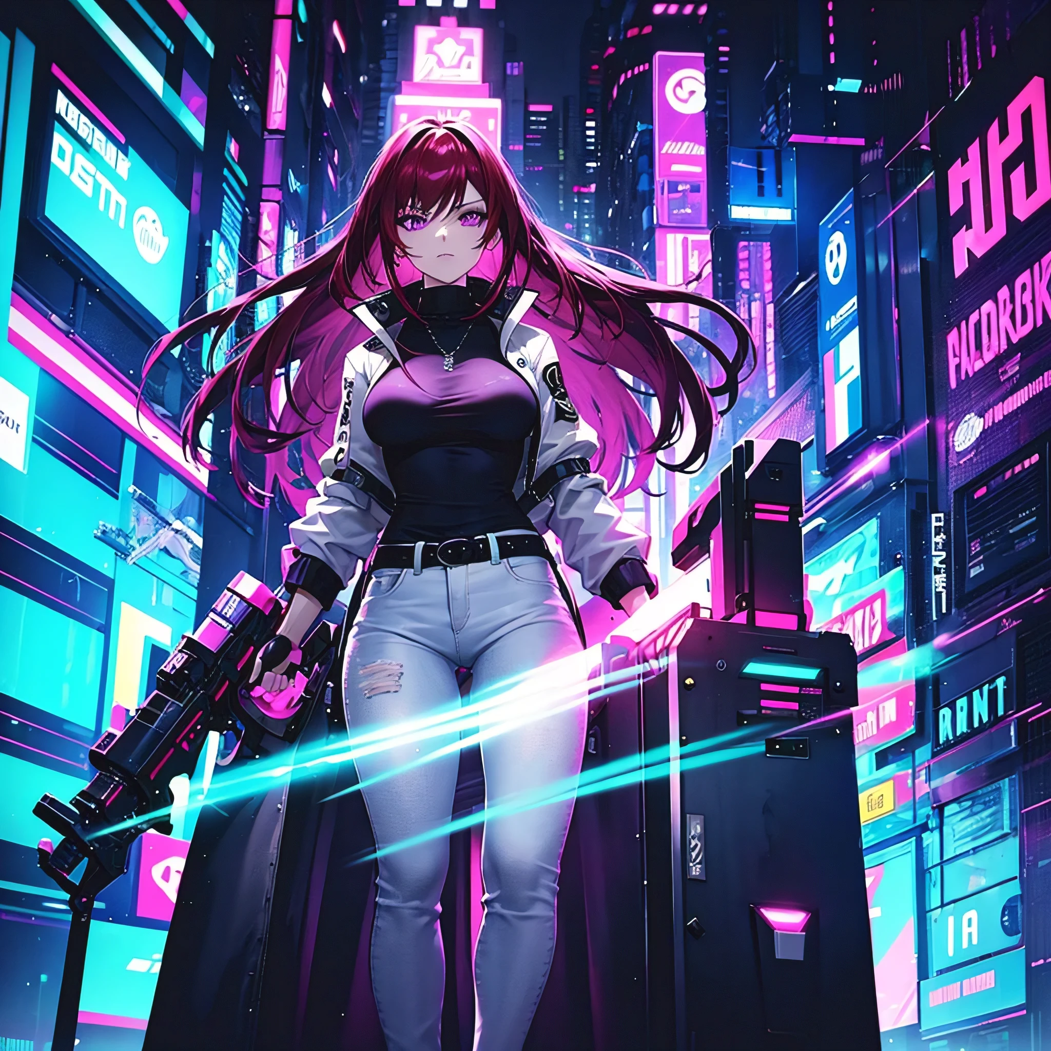 Futuristic, cyberpunk, neon lights, Mature redhead woman with purple eyes, sexy, tight black sweater, white jacket, tight jeans, high quality, masterpiece